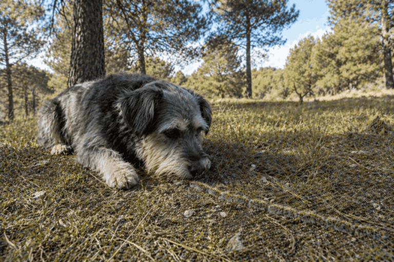 Perro junto a oruga procesionaria