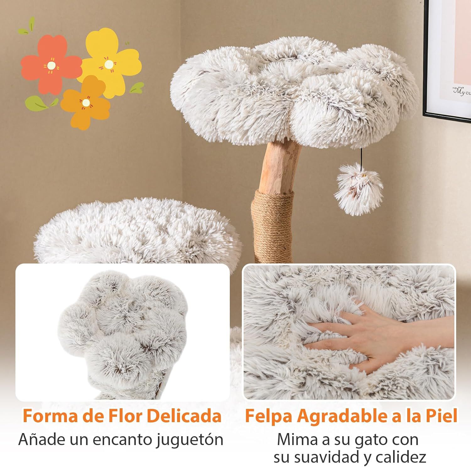 COSTWAY &Aacute;rbol para Gatos Moderno, 135 cm Rascador para Gatos de Yute con Rama Natural y Poste, Percha de Felpa, Condominio, &Aacute;rbol para Gatos de Madera Maciza con Dise&ntilde;o Floral, , large Imagen numero 5