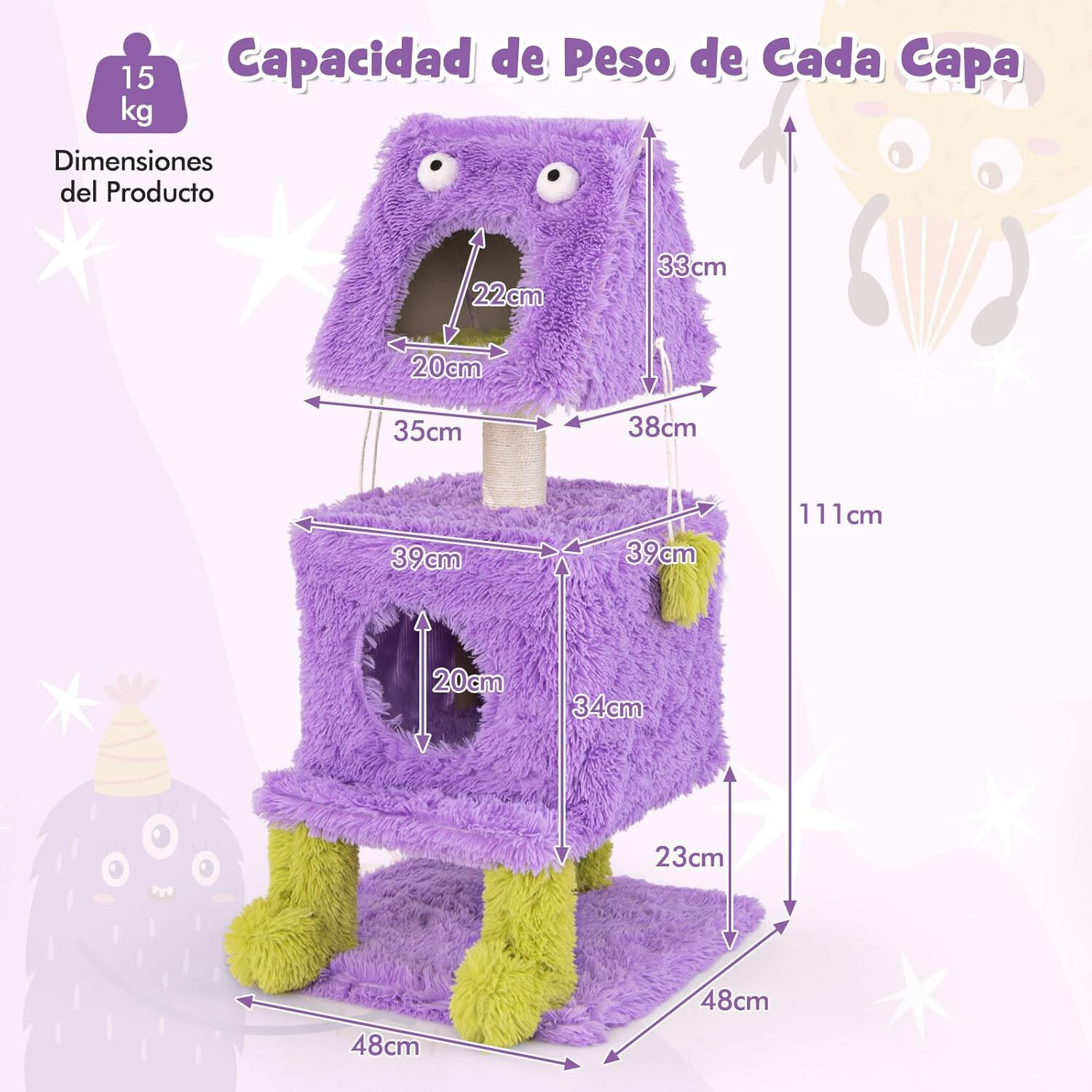 COSTWAY &Aacute;rbol para Gatos, Torre para Gatos con Tem&aacute;tica de Monstruos con Condominios, Felpa Larga y Suave, Poste Rascador De Sisal, Juguetes Colgantes, &Aacute;rbol Rascador para Gatos (P&uacute;rpura y Verde), , large Imagen numero 2