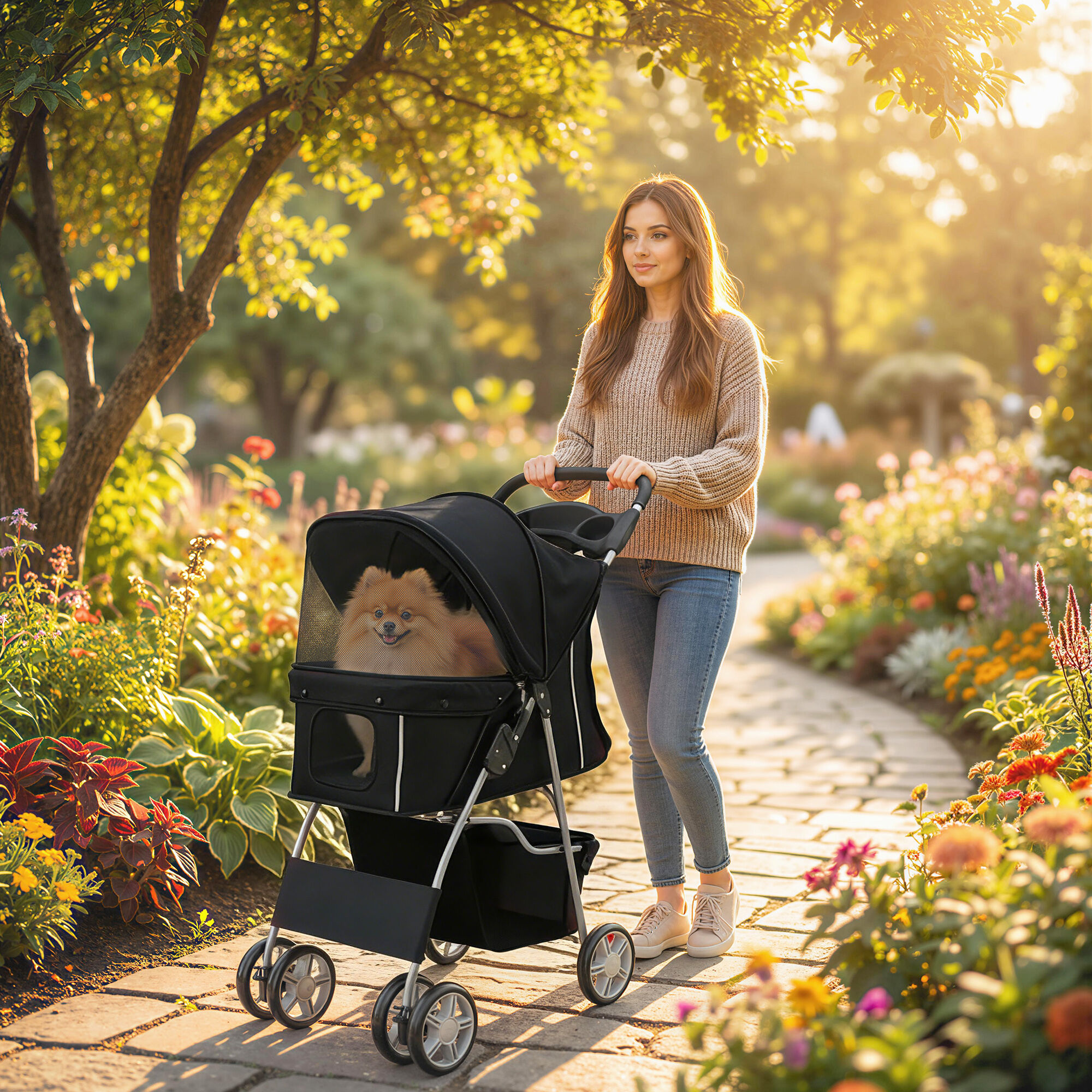 PawHut Carrito para Perros Plegable, Cochecito para Perros Peque&ntilde;os con Cesta de Almacenaje, Ventanas de Malla, Portavasos, Ruedas de EVA, Coj&iacute;n Lavable, Frenos, Carga 10 kg, 77x44x102 cm, Negro, , large Imagen numero 2