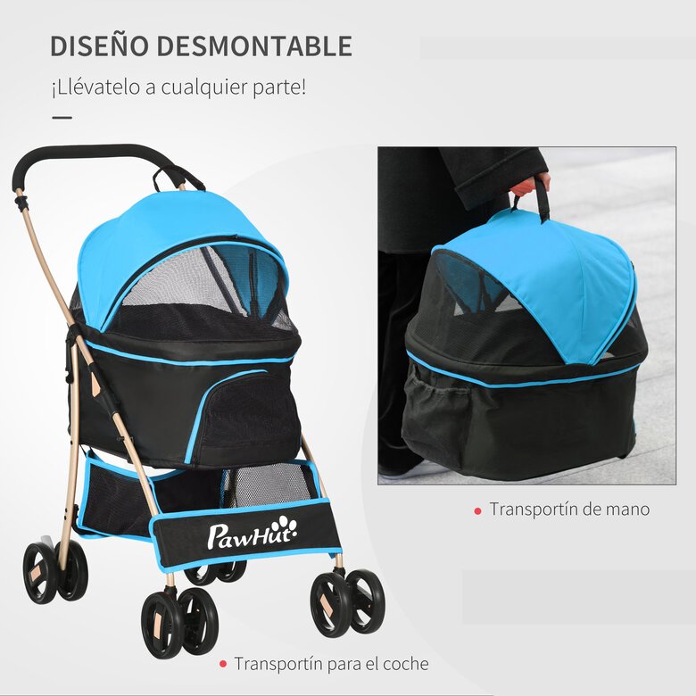 PawHut 3 en 1 Cochecito para Mascotas Carrito para Perros y Gatos Desmontable Bolsa de Transporte Plegable con Cesta de Almacenaje y Frenos Tela Oxford 600D Carga 15 kg 82x49,5x98 cm Azul., , large image number null