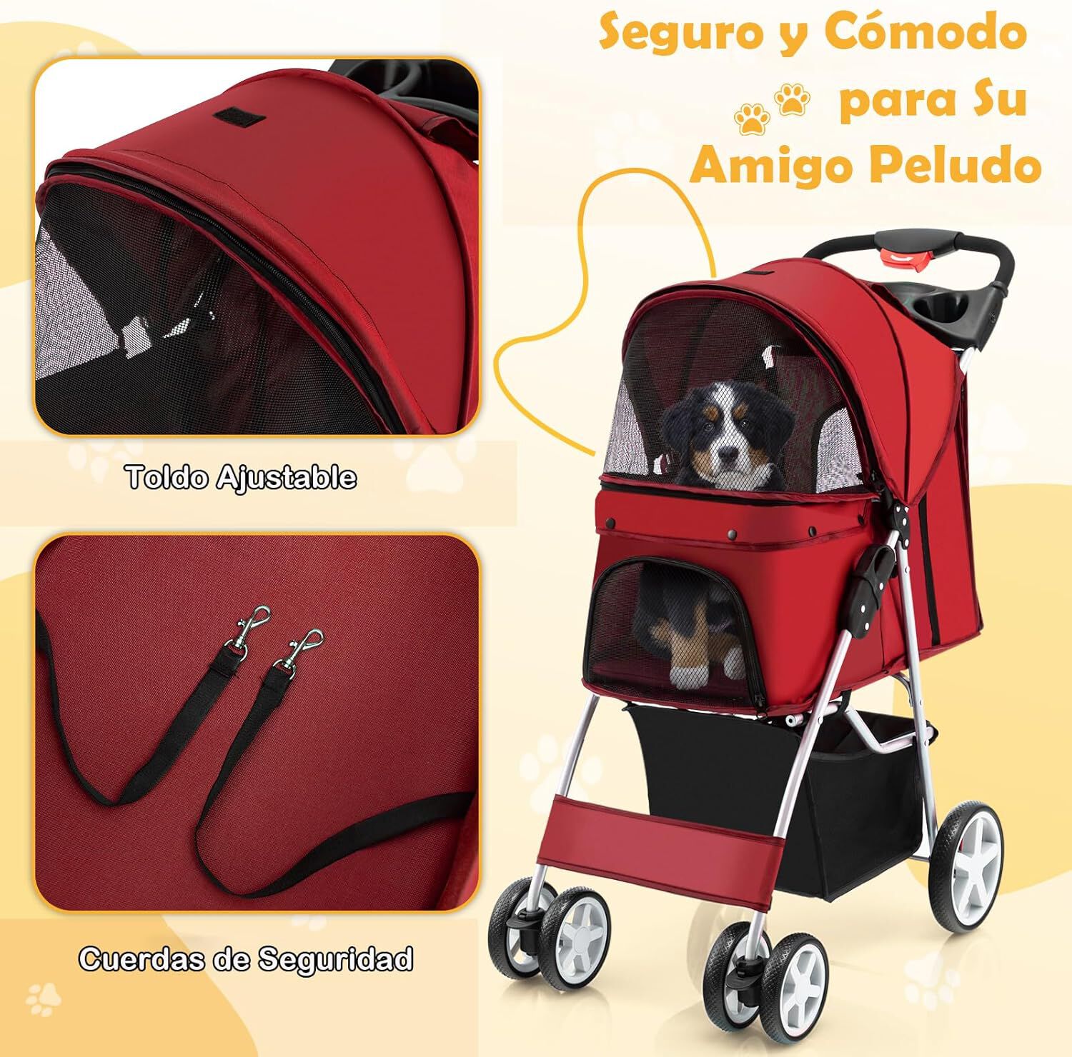 COSTWAY Cochecito para Mascotas Plegable, Cochecito de Mascotas de 4 Ruedas para Gatos/Perros, Carrito para Gatos con Cesta de Almacenamiento para Mascotas, Ventana de Malla, impermeable (Rojo), , large Imagen numero 2