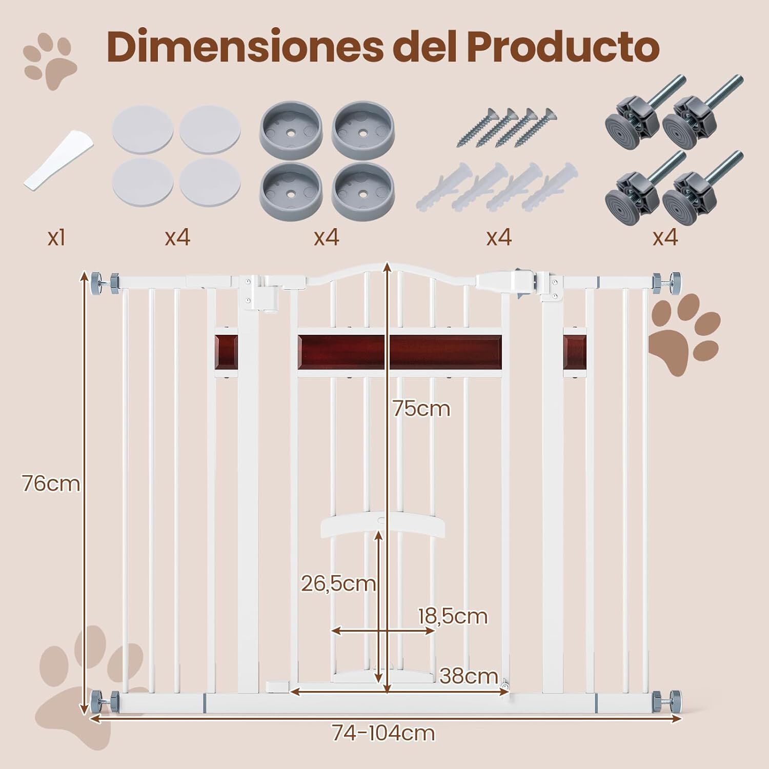 COSTWAY Barrera de Seguridad Extensible para Puertas 74-104 cm, para Puertas y Escaleras, Montaje a Presi&oacute;n sin Taladrar ni Herrajes, Cerraduras Dobles, Puerta de Perro Expandible de Metal (Blanco), , large Imagen numero 5