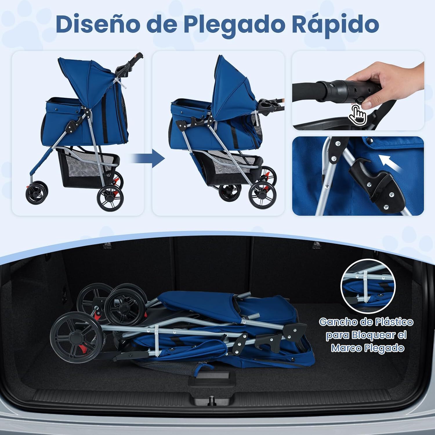COSTWAY Cochecito Plegable para Mascotas, Carrito para Perros con Capota Ajustable, Almohadilla Lavable Extra&iacute;ble, Cesta de Almacenaje, Portavasos, Carro para Perros hasta 15 kg, 82x45x100 cm (Azul), , large Imagen numero 4
