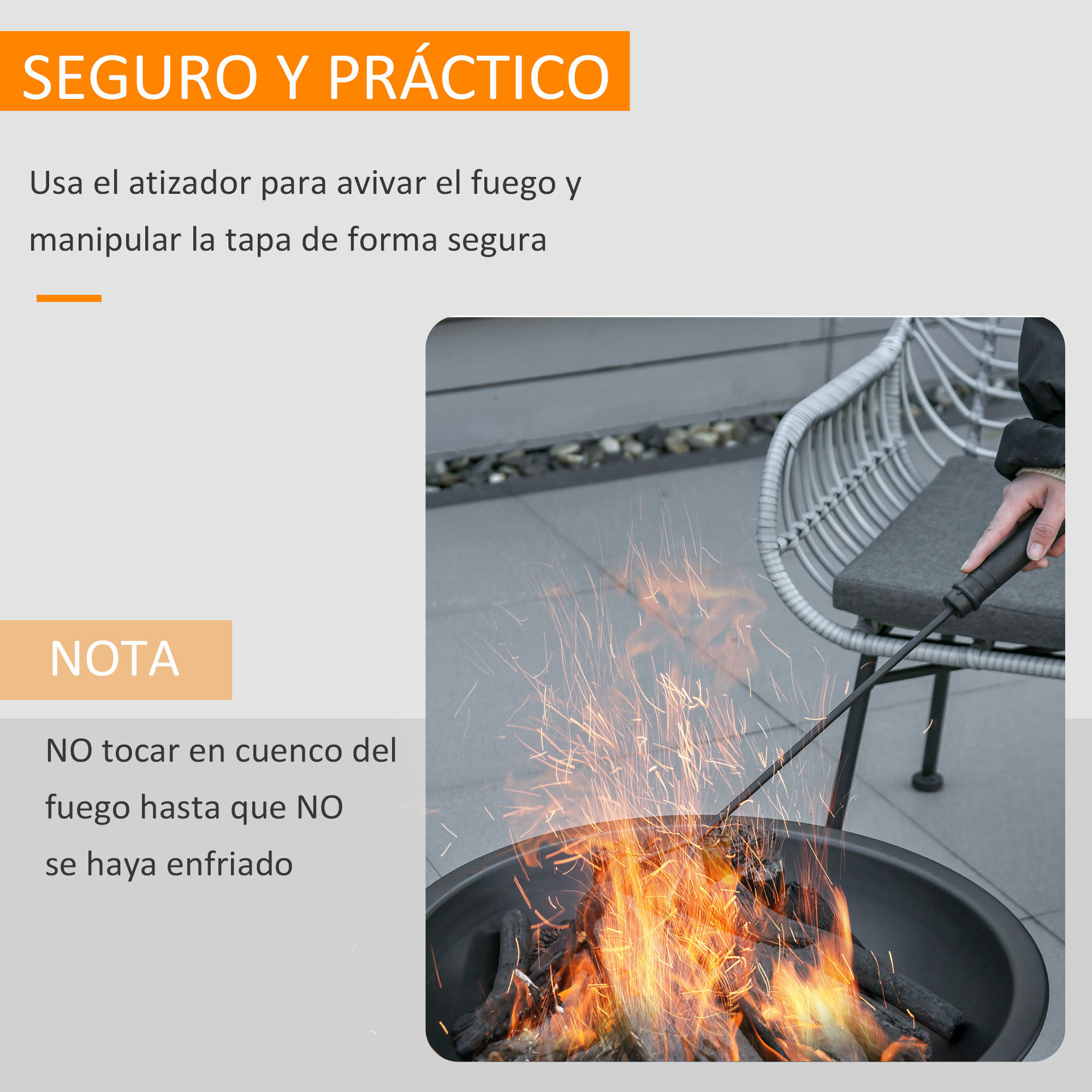 Outsunny Brasero Exterior de Metal &Oslash;56 cm Cuenco de Fuego de Jard&iacute;n con Tapa Protectora contra Chispas y Atizador para Hogueras Le&ntilde;as Terraza Camping Fiestas Negro, , large Imagen numero 5
