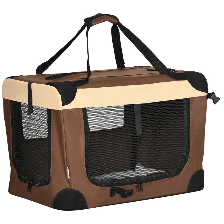 PawHut Transportín Mochila para Perros y Gatos Bolsa de Transporte para Mascotas Plegable con Cojín Suave y 2 Correas del Hombro para Coche Avión Viaje 70x51x50 cm Marrón