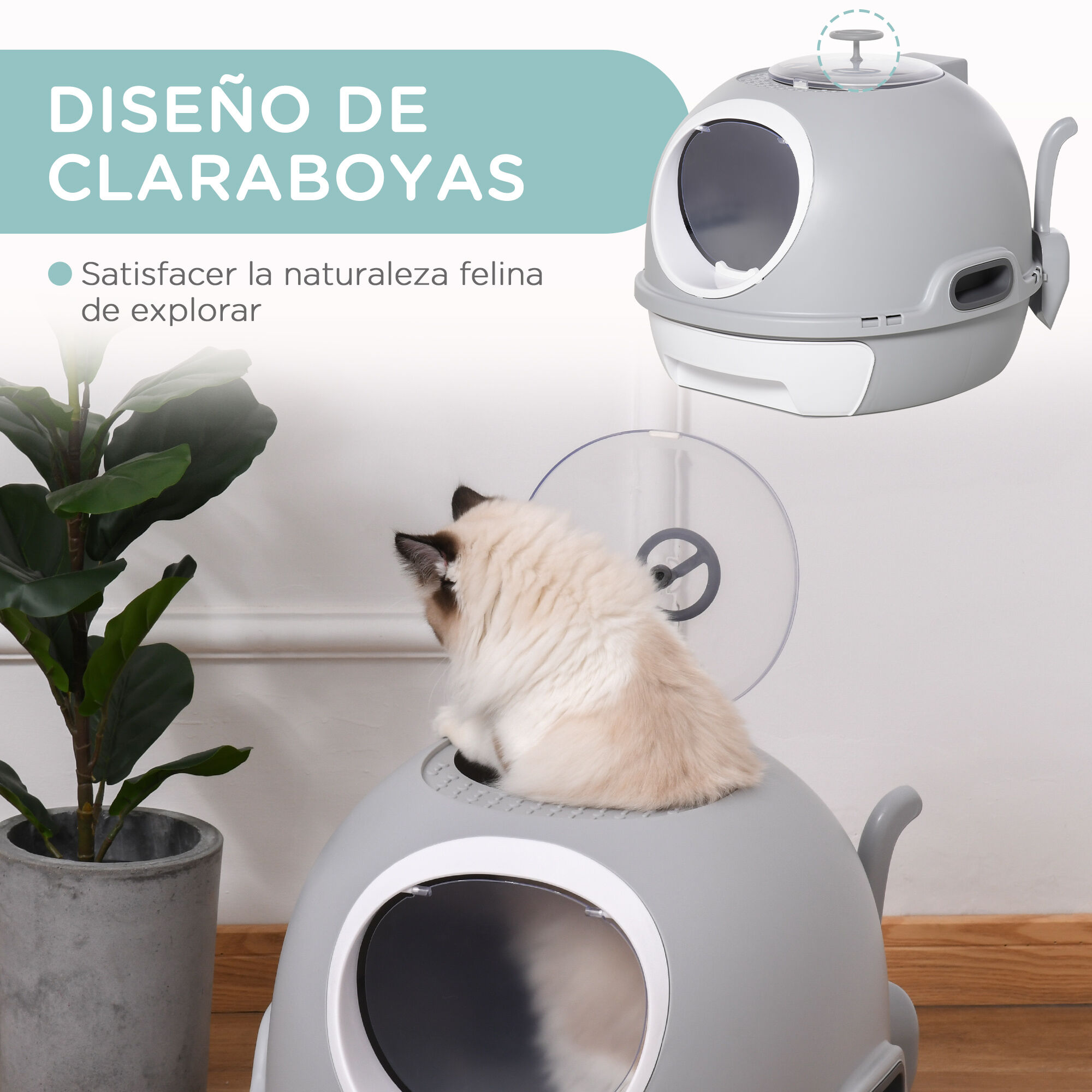 PawHut Caja de Arena para Gatos Arenero Cubierto con Caj&oacute;n Arenero Cerrado para Gatos con Claraboya Abatible Bandeja Extra&iacute;ble y Pala 47x55x44 cm Gris, , large Imagen numero 5
