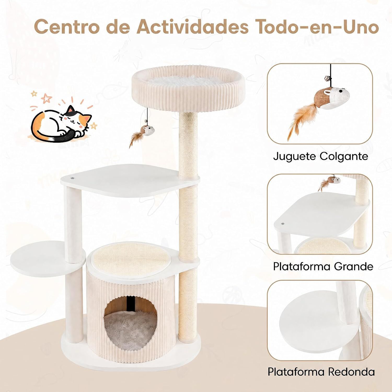 COSTWAY 105 cm &Aacute;rbol Rascador para Gatos con Postes Rascadores de Sisal | Torre de Juegos Multinivel con Casita, Percha Mullida y Juguete en Forma de Rat&oacute;n, Centro de Actividades para Varios Gatitos, , large Imagen numero 3