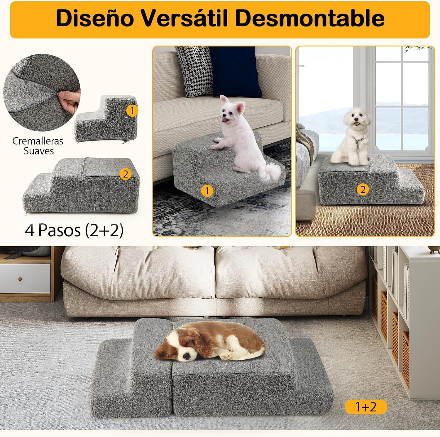 COSTWAY Escalera para Perros de 4 Pelda&ntilde;os, 60x40x40 cm, Rampa Plegable para Perros de Espuma con Fondo Antideslizante, Cubierta Extra&iacute;ble y Lavable, Escalera Mascotas para Cama y Sof&aacute;, Ligera, Gris, , large Imagen numero 3