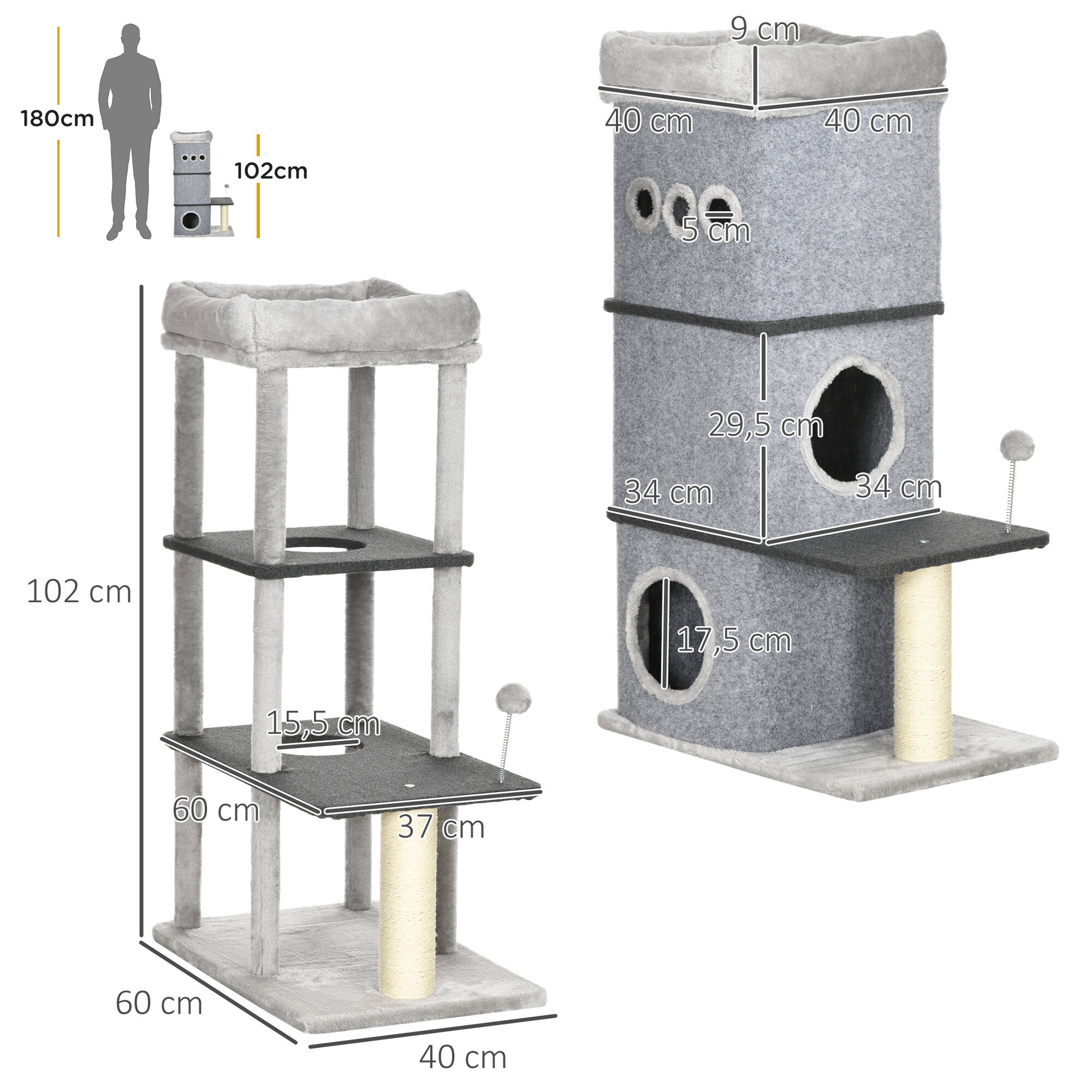 PawHut Barril Rascador para Gatos de 3 Niveles Altura 102 cm Torre para Gatos con Caseta de Fieltro Desmontable Poste de Sisal Cama y Bola de Juguete 60x40x102 cm Gris, , large Imagen numero 3