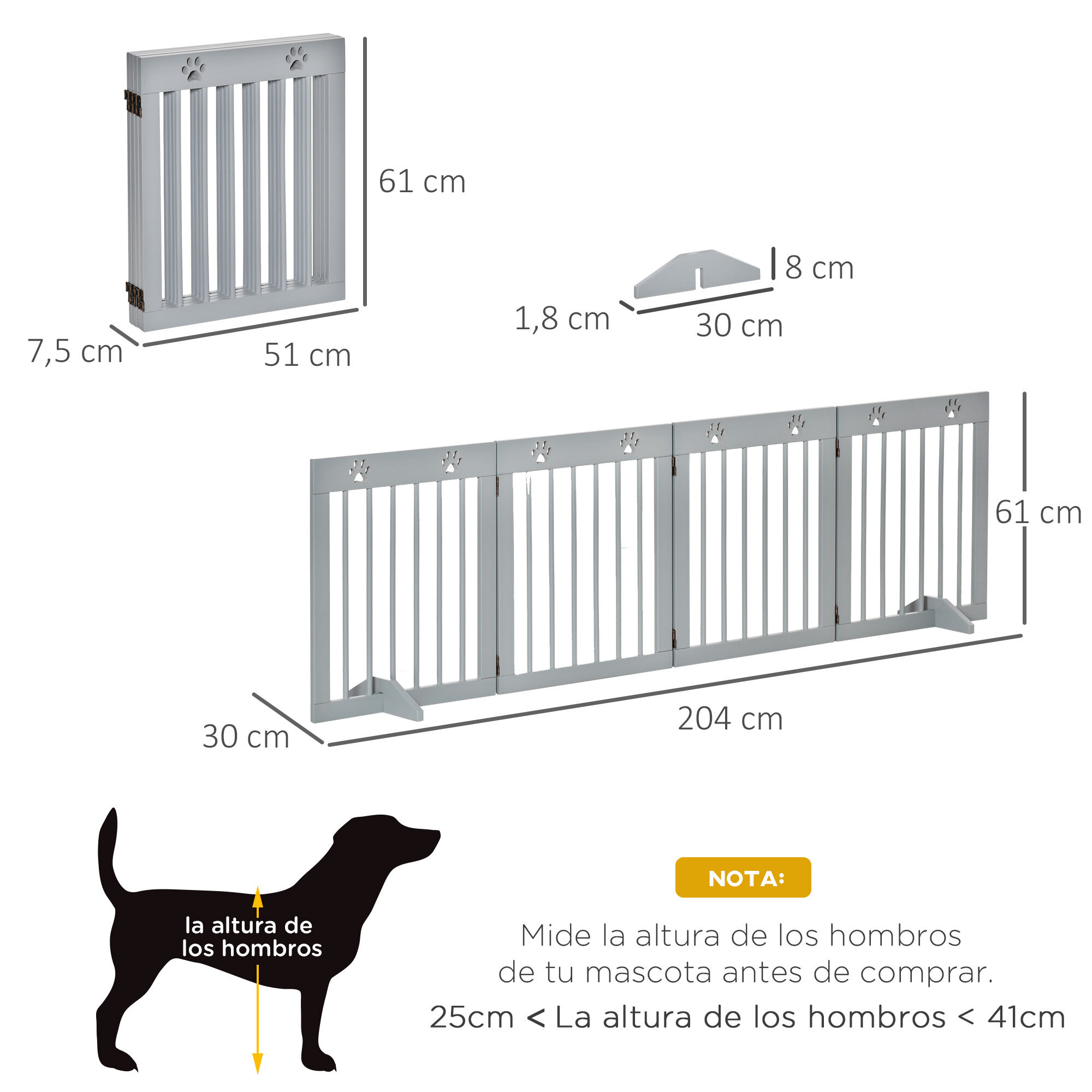 PawHut Barrera para Perros Plegable de 4 Paneles Barrera de Seguridad para Perros con Estructura de Madera y Patas de Apoyo para Pasillo Escalera 204x30x61 cm Gris Claro, , large Imagen numero 3