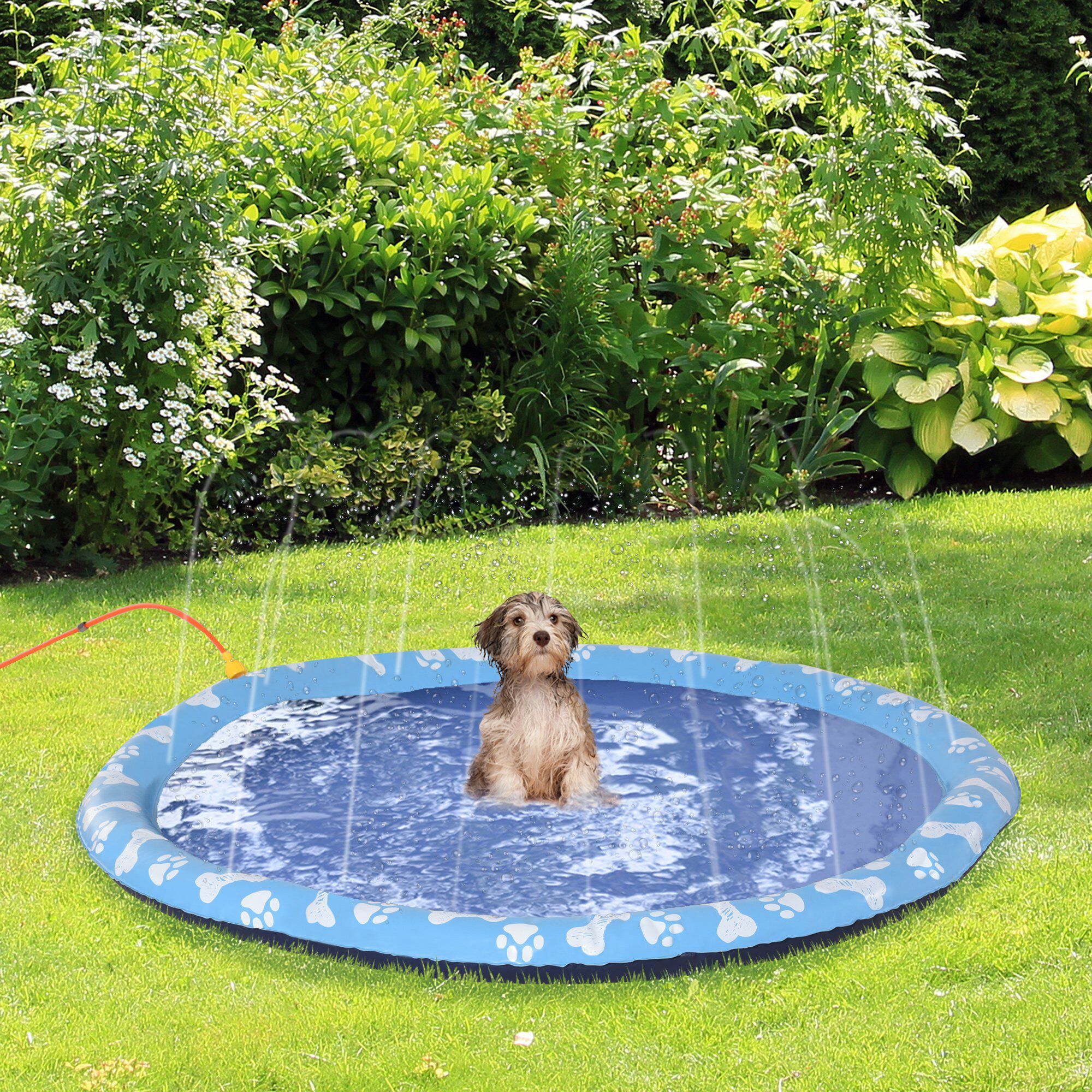 PawHut Splash Pad 170 cm Aspersor de Juegos de Agua con Rociador Tapete de Salpicaduras Piscina de Verano Port&aacute;til para Mascotas Perros Azul, , large Imagen numero 2