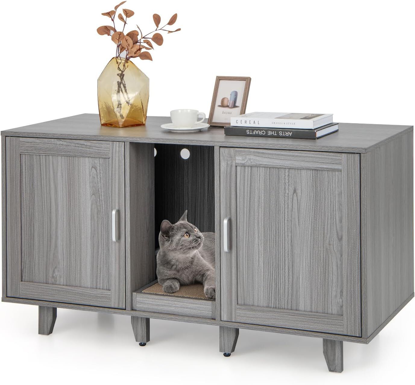 COSTWAY Cajas de Arena para Gatos, Casa de Ba&ntilde;o Oculto para Mascota con 2 Puertas, Arenero Cubierto con Entrada Sinuosa y Tablero Rascador, Mesa Auxiliar para Gatos 120 x 52 x 65 cm (Gris Oscuro), , large Imagen numero 1