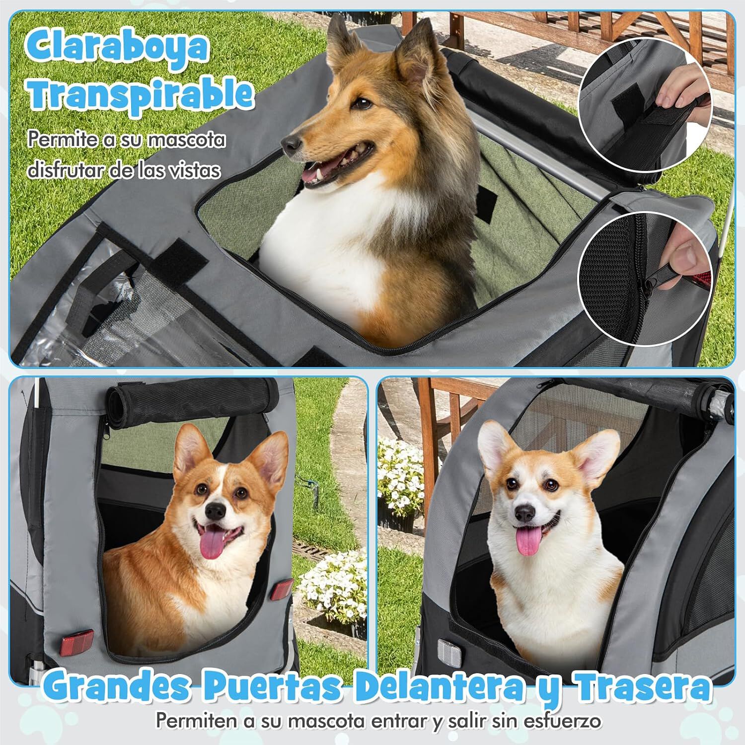 COSTWAY Remolque de Bicicleta para Mascotas, Remolque Bicicleta Perros Peque&ntilde;os y Medianos con Ruedas, Transportador de 2 Puertas con Techo Solar, Capacidad 40 kg, 60,5 x 135 x 95 cm, , large Imagen numero 5