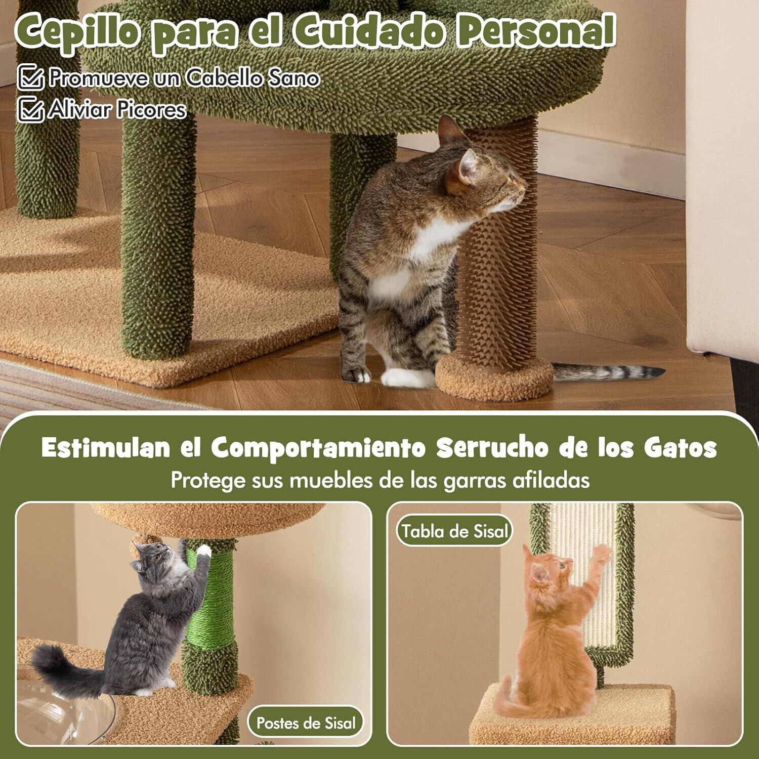 COSTWAY &Aacute;rbol para Gatos, Torre para Gatos con Dise&ntilde;o de Cactus Verde con Condominio, Hamaca, Plataforma, Postes de Rascado de Sisal, Coj&iacute;n Lavable, &Aacute;rbol Rascador para Gatos (77 x 49 x 150 cm), , large Imagen numero 3