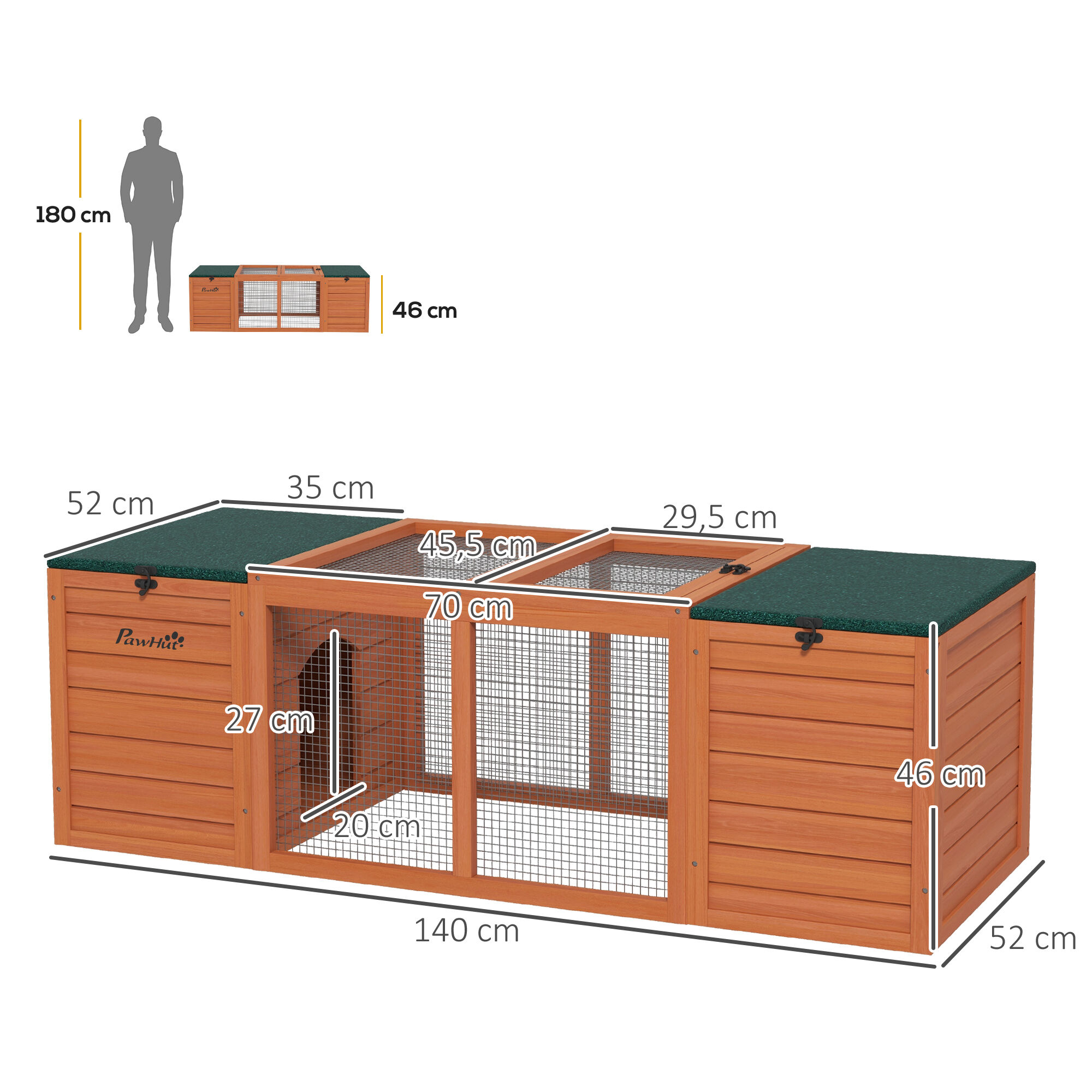 PawHut Conejera de Madera Jaula para Conejo con 2 Nidos 1 Puerta Superior Zona Abierta y Techo Asf&aacute;ltico para Exterior 140x52x46 cm Natural, , large Imagen numero 3