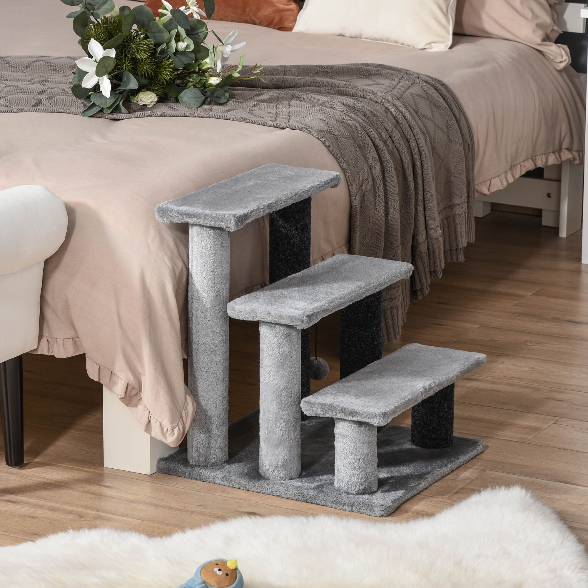 PawHut Escaleras para Gatos de 4 Escalones Escaleras para Mascotas &Aacute;rbol Rascador para Gatos Peque&ntilde;o con Poste Rascador Bola Colgante 60x40x64 cm Gris, , large Imagen numero 7