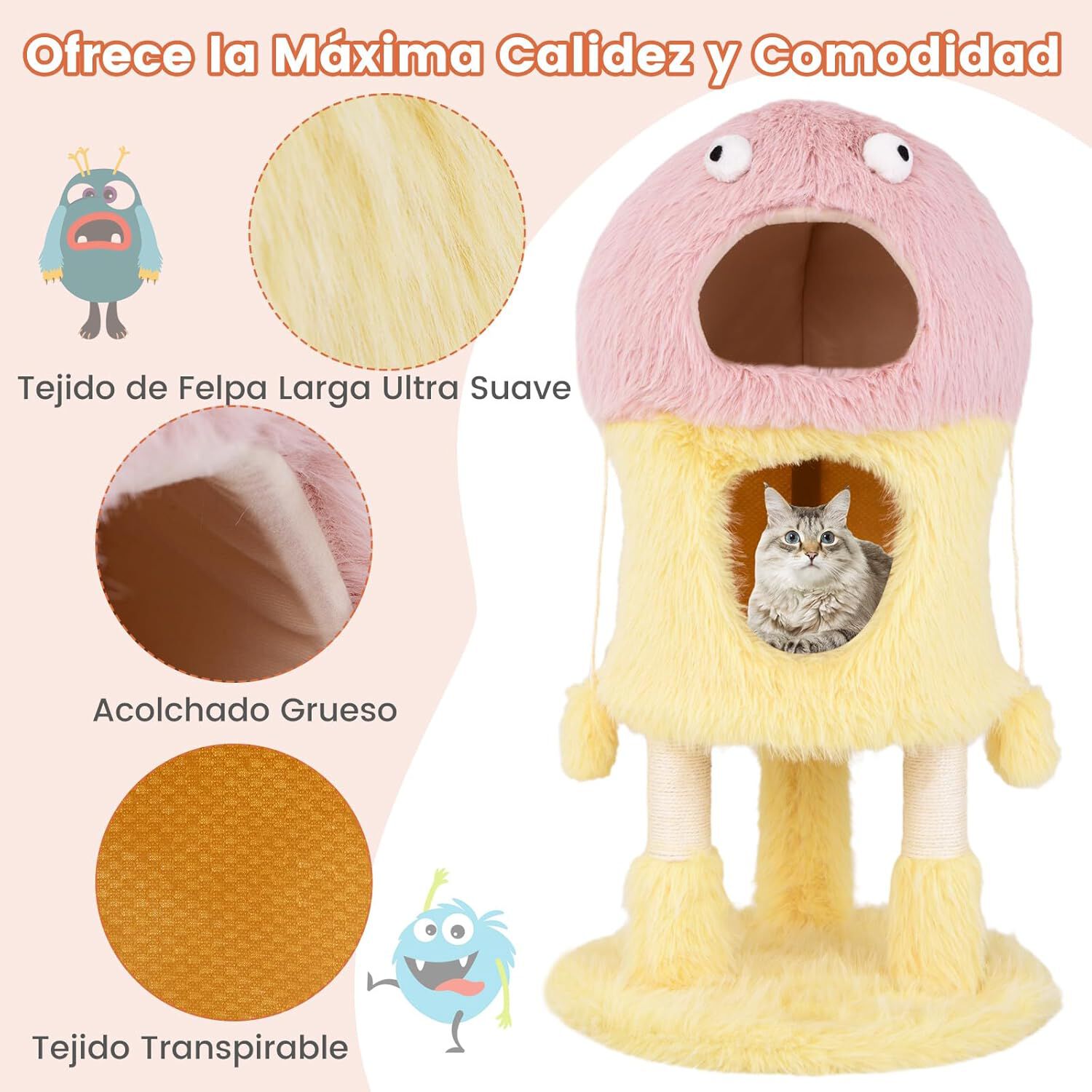 COSTWAY &Aacute;rbol para Gatos, Torre para Gatos con Tem&aacute;tica de Monstruos con Condominios, Felpa Larga y Suave, Poste Rascador De Sisal, Juguetes Colgantes, &Aacute;rbol Rascador para Gatos (Rosa y Amarillo), , large Imagen numero 5