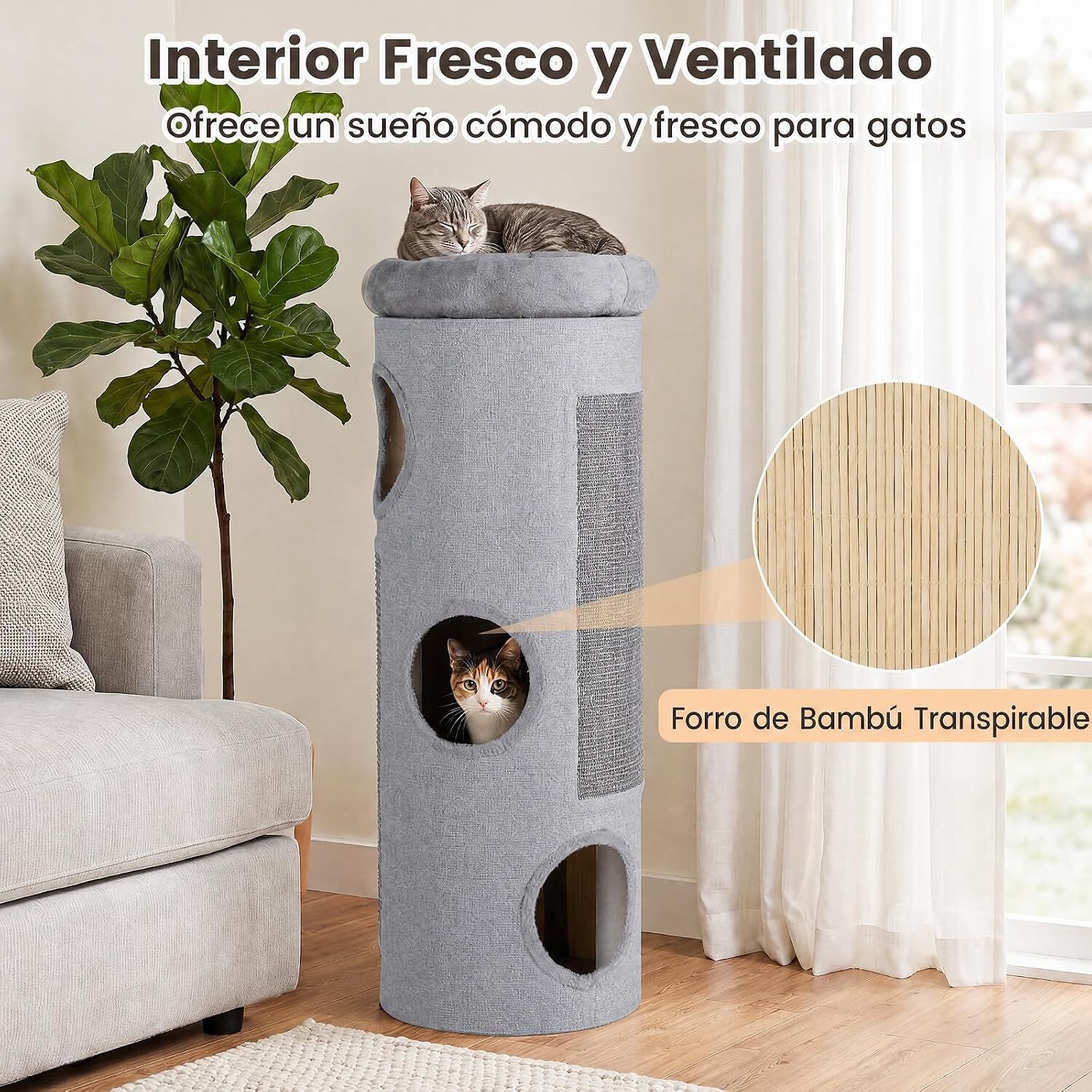 COSTWAY Barril Rascador de 4 Niveles, Poste rascador para Gatos con Cama de Percha Removible, Tablero Rascador de Sisal, Estera de Bamb&uacute; para Gato de Interior, 43 x 43 x 113 cm, Gris Claro, , large Imagen numero 5