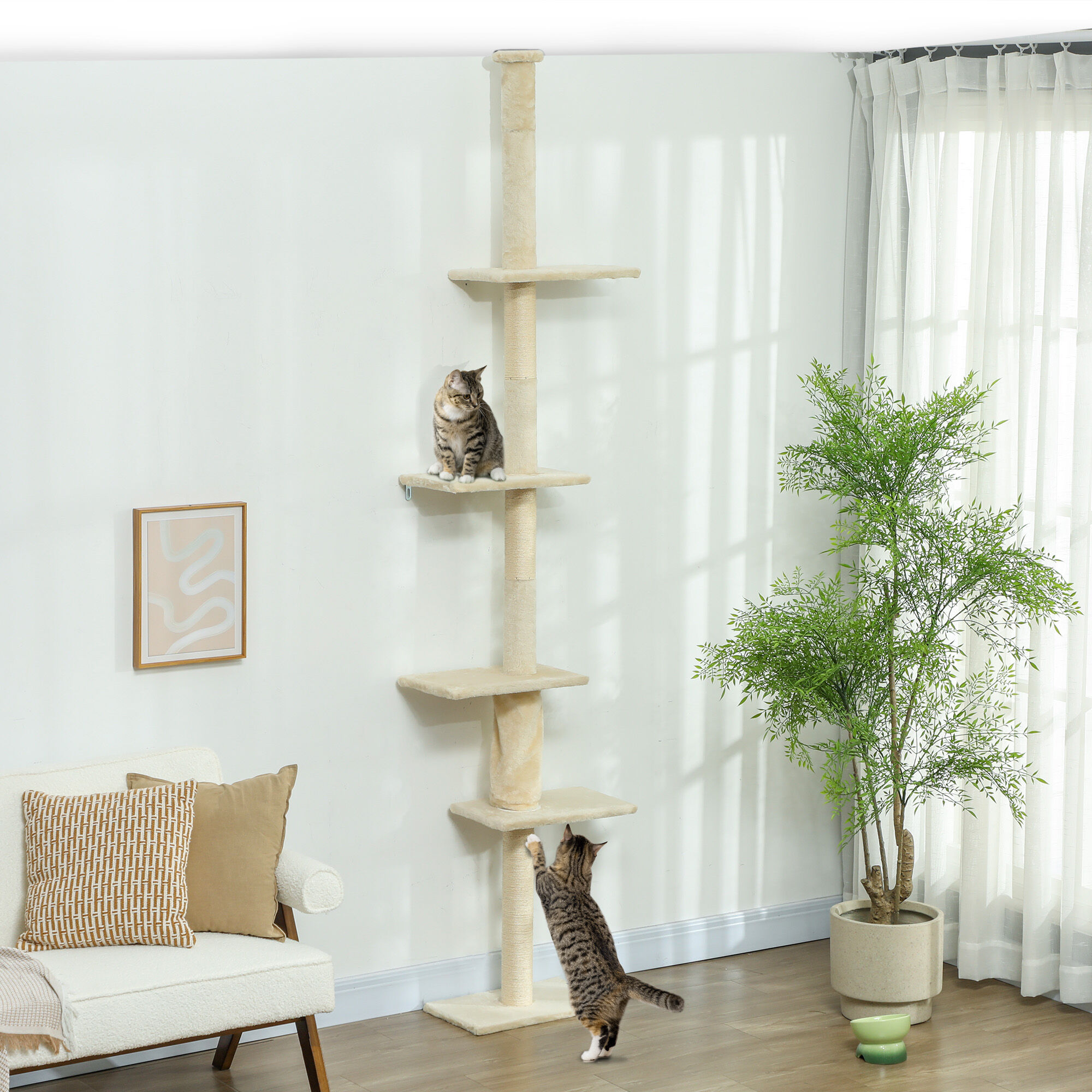 PawHut &Aacute;rbol para Gatos de Suelo a Techo 225-275 cm &Aacute;rbol Rascador para Gatos Torre para Gatos con M&uacute;ltiples Plataformas Sistema de Antivuelco Crema, , large Imagen numero 2