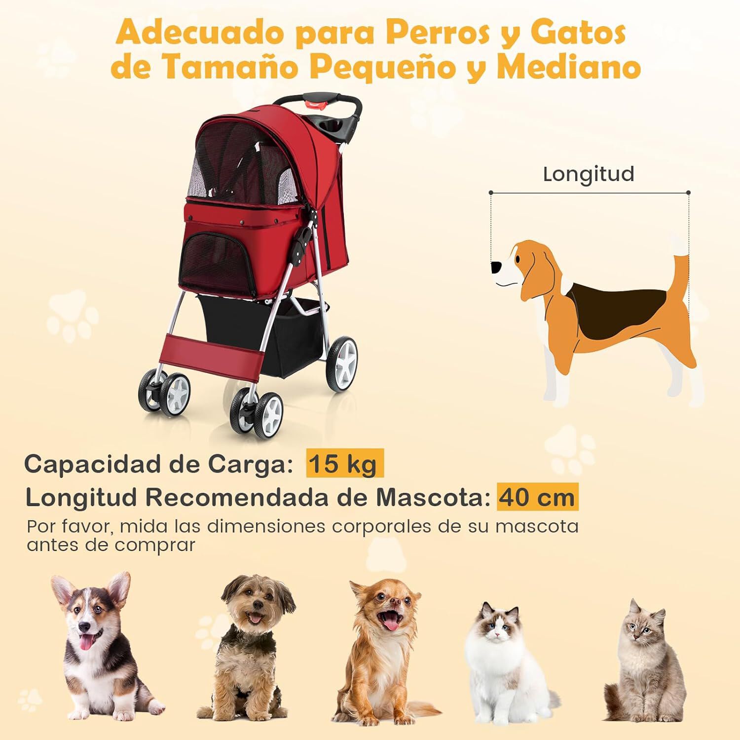COSTWAY Cochecito para Mascotas Plegable, Cochecito de Mascotas de 4 Ruedas para Gatos/Perros, Carrito para Gatos con Cesta de Almacenamiento para Mascotas, Ventana de Malla, impermeable (Rojo), , large Imagen numero 5