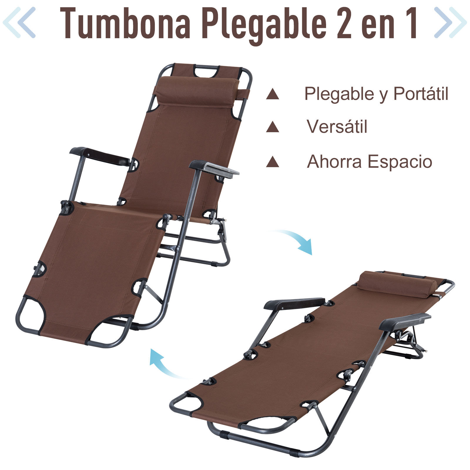 Outsunny Tumbona Reclinable y Plegable Silla de Playa Tumbona Relax Plegable con Respaldo Ajustable Reposabrazos Almohada y Reposapi&eacute;s para Jard&iacute;n Balc&oacute;n Carga 136 kg 135x60x89 cm Marr&oacute;n, , large Imagen numero 4