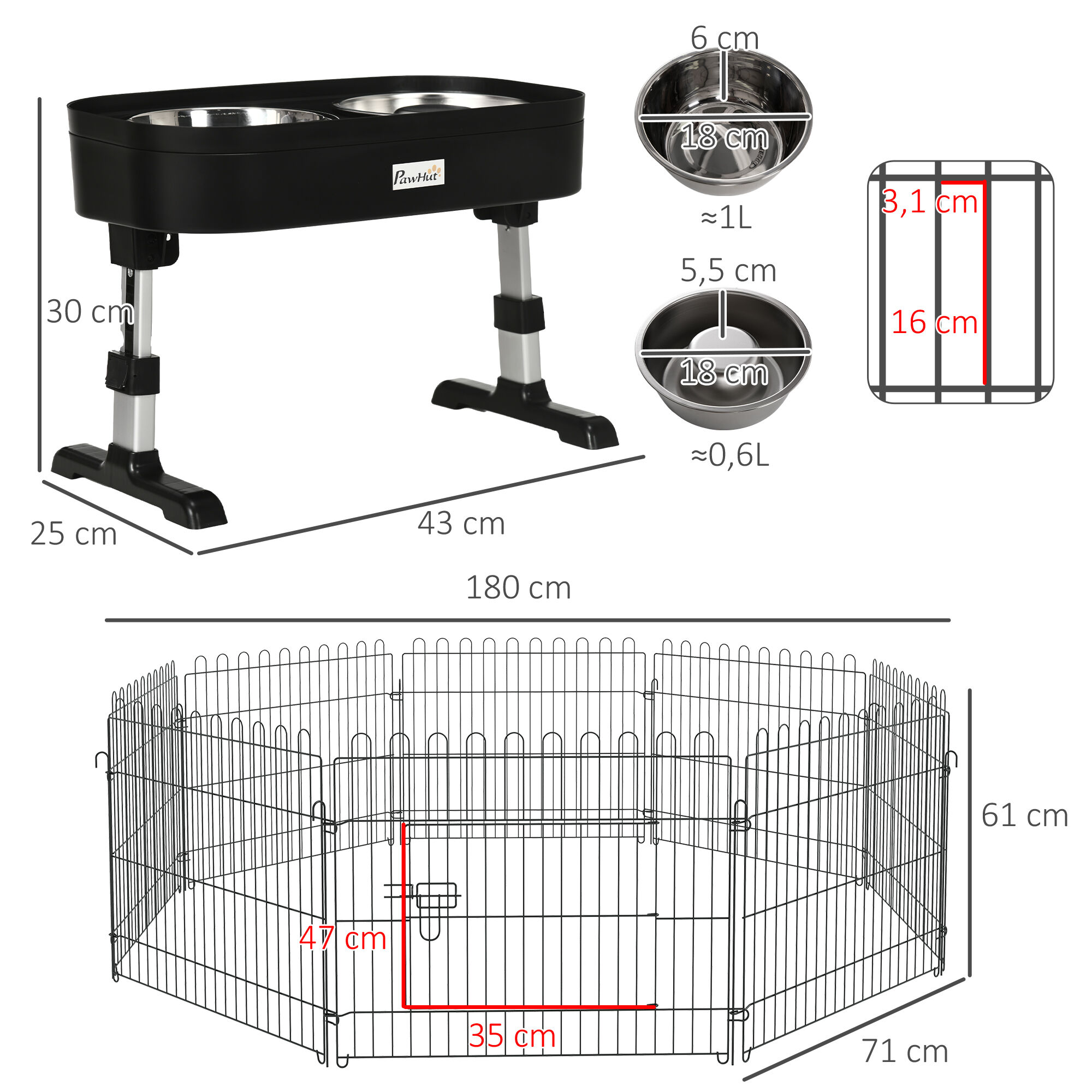 PawHut Conjunto para Mascotas Juego de Parque para Perros Plegable de 8 Paneles y Comedero Elevado para Perros de 4 Alturas Ajustables 71x61 cm 43x25x30 cm Negro, , large Imagen numero 3