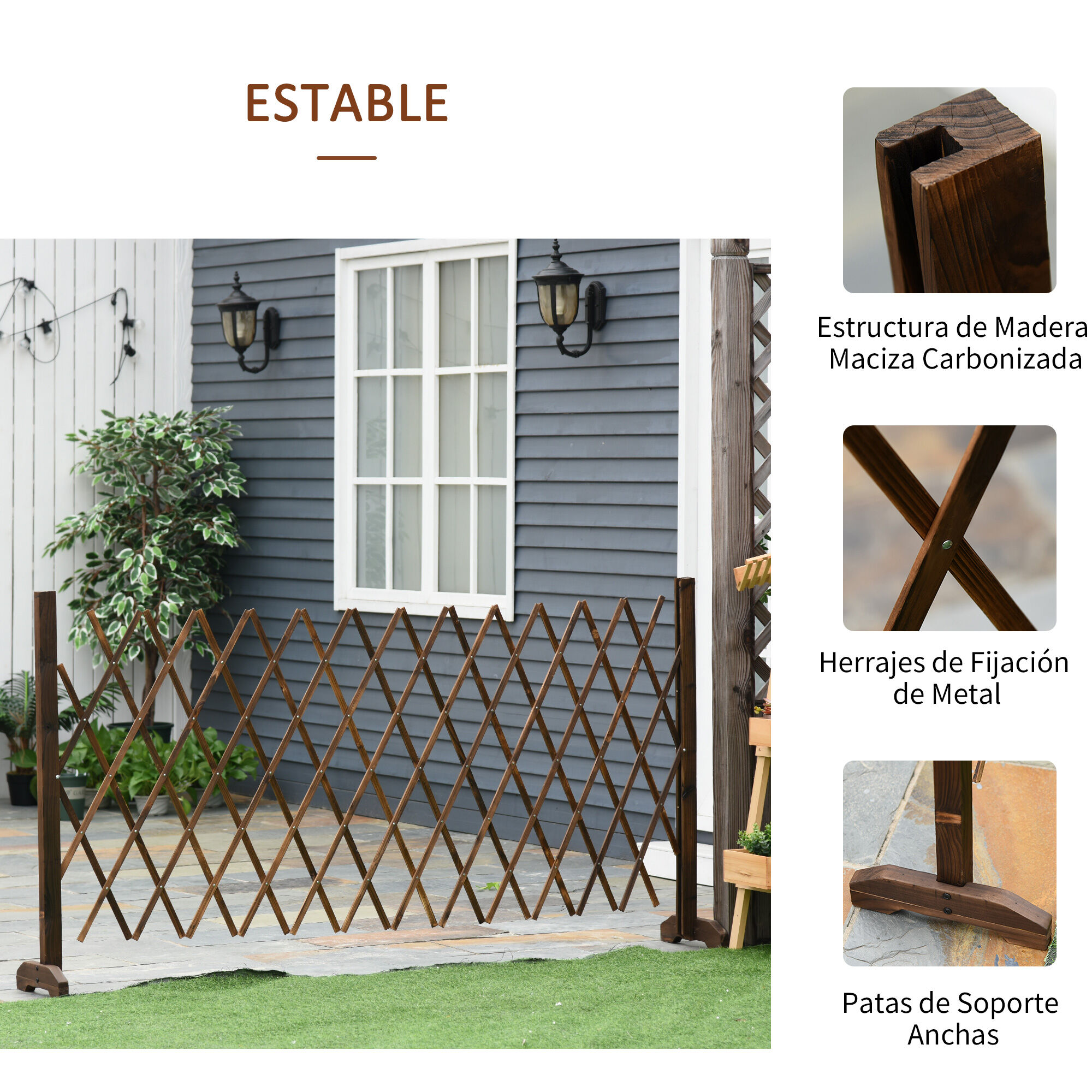 Outsunny Valla de Madera Extensible 37-225x30x106 cm Barrera de Seguridad para Perros Retr&aacute;ctil Multiusos para Decoraci&oacute;n C&eacute;sped Jard&iacute;n Patio Marr&oacute;n Carbonizado, , large Imagen numero 5