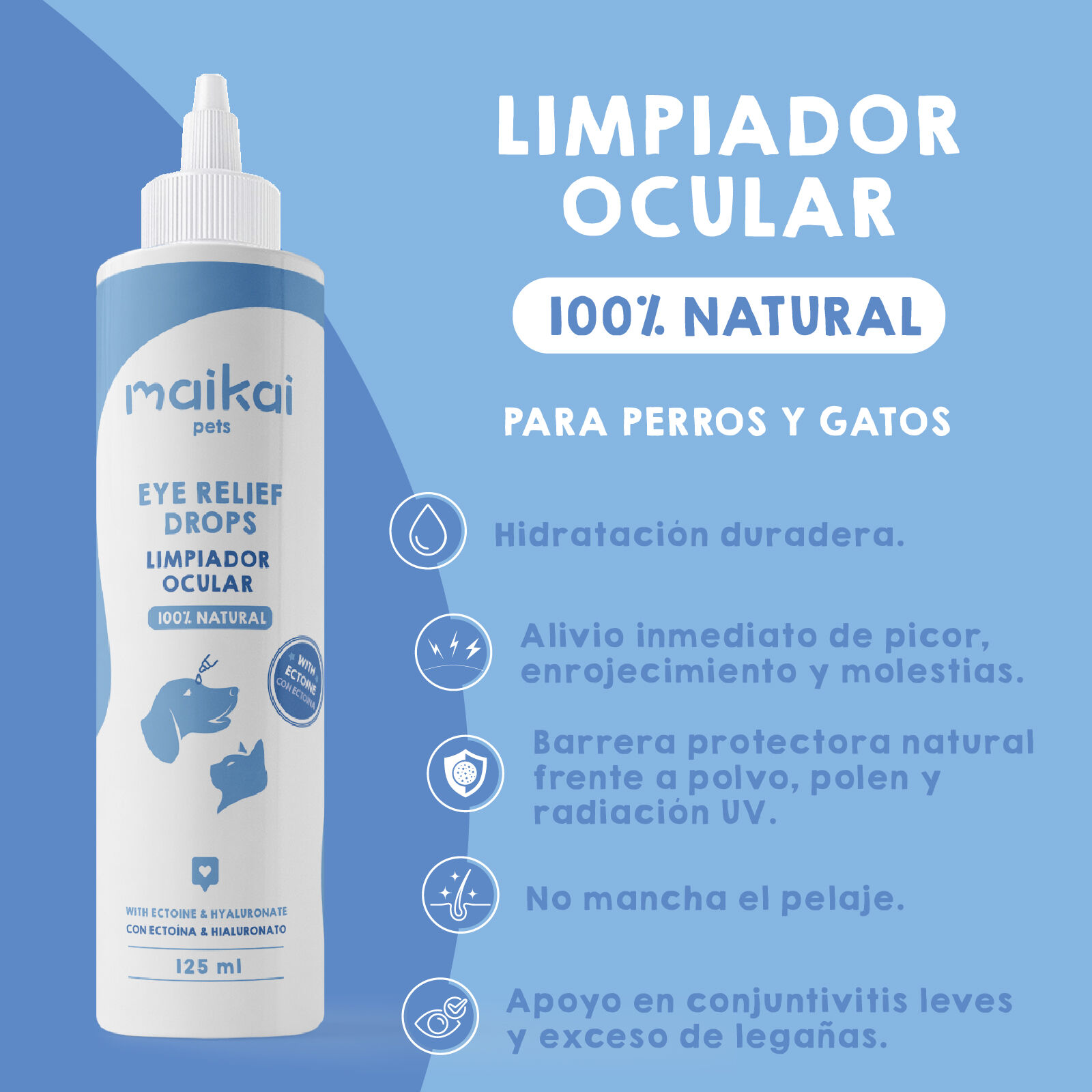 Maikai Limpiador Ocular Natural para Perros y Gatos con &Aacute;cido Hialur&oacute;nico y Ecto&iacute;na 125 ml, , large Imagen numero 2
