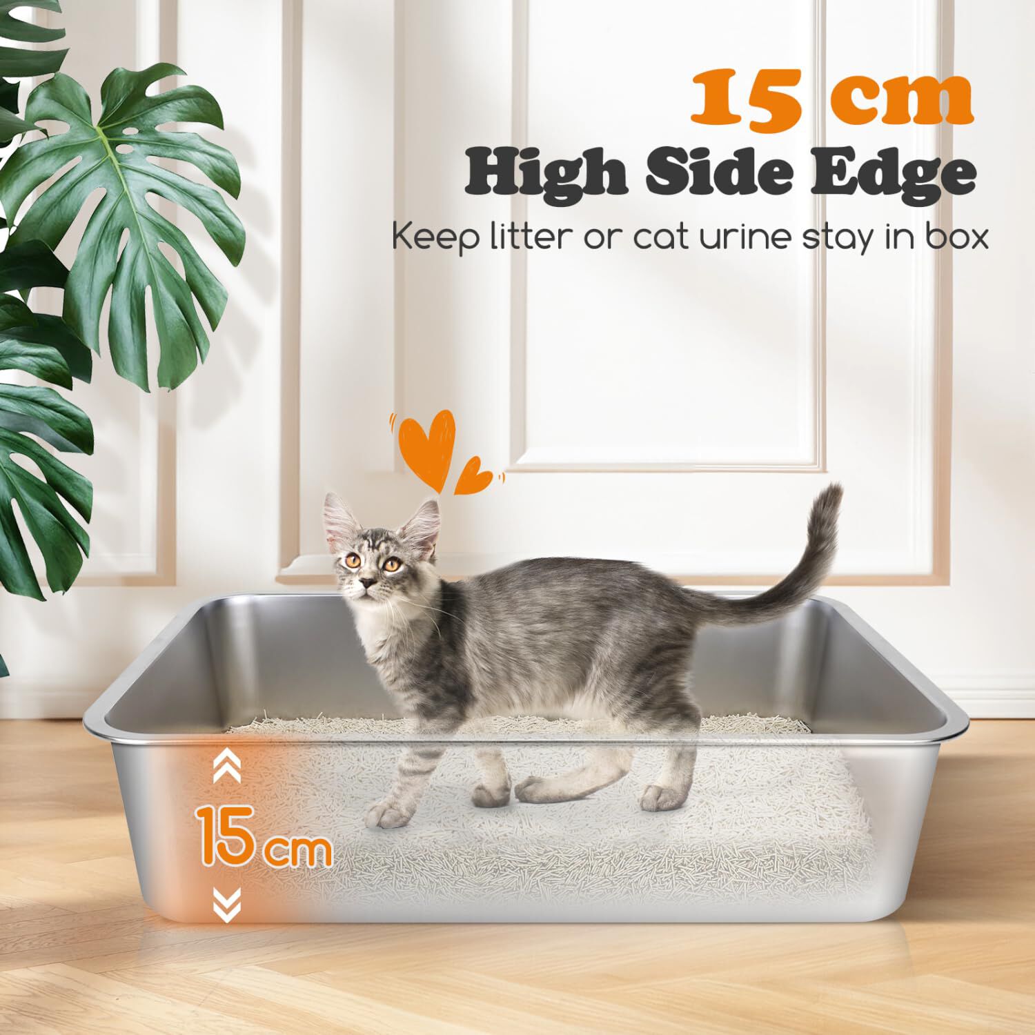 Nobleza - Arenero para Gatos de Acero Inoxidable Cerrado Grande 60x40x15 cm - Caja de Arena con Borde Alto, No Absorbe Olores, Antideslizante - Adecuado para Gatos Grandes y M&uacute;ltiples Gatitos, , large Imagen numero 5