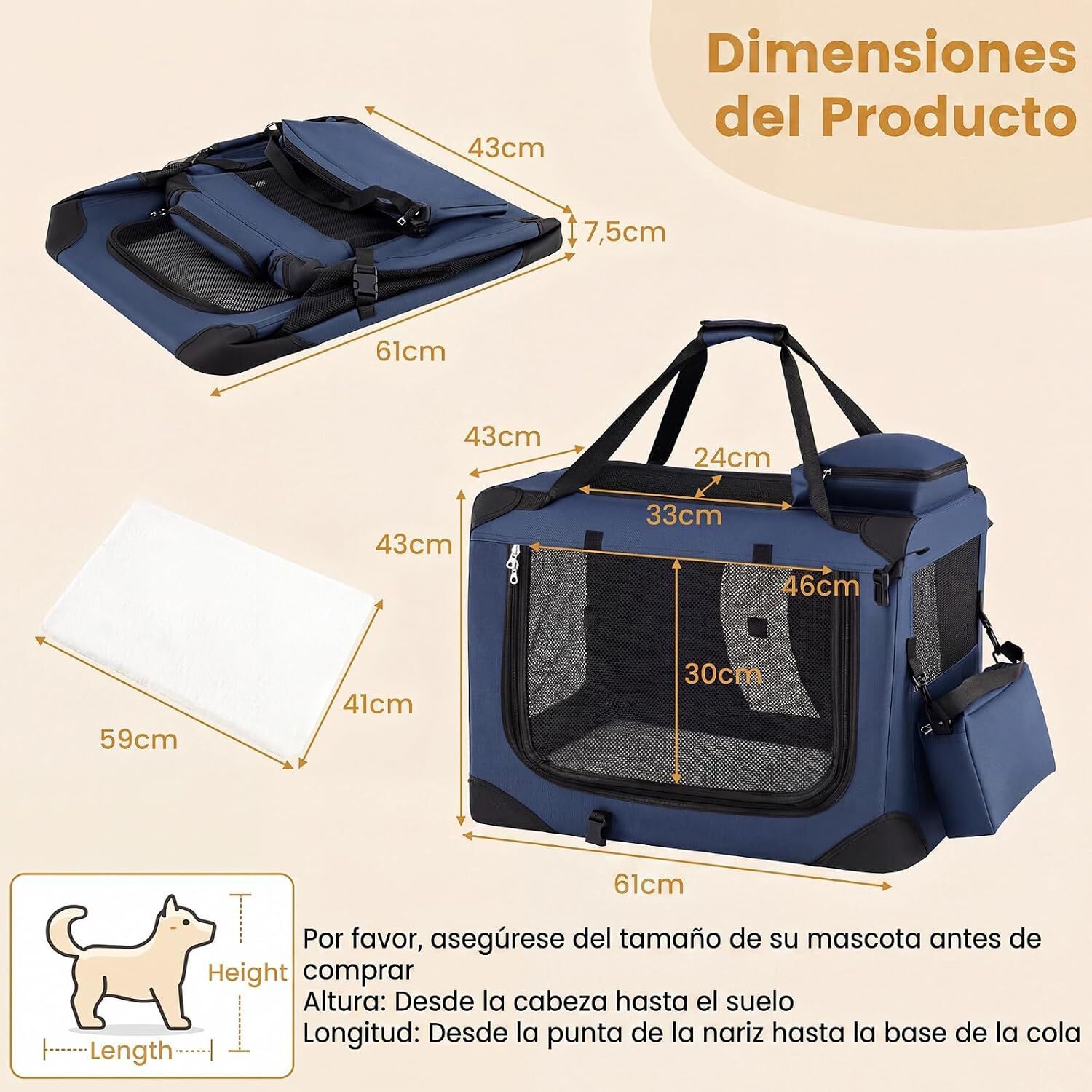 COSTWAY Transport&iacute;n para Perros Plegable, Bolsa Transporte para Gatos con Ventanas de Malla, 3 Puertas y Bolsillos Extra&iacute;bles, Portador de Viaje para Mascotas Interior y Exterior (Azul, S), , large Imagen numero 10