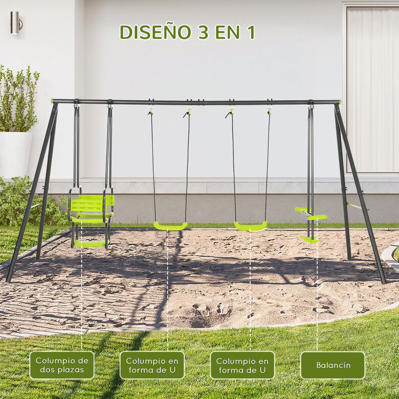 Outsunny Juego de Columpio Infantil verde para Exterior con 2 Columpios y balancín  para Niños thumbnail