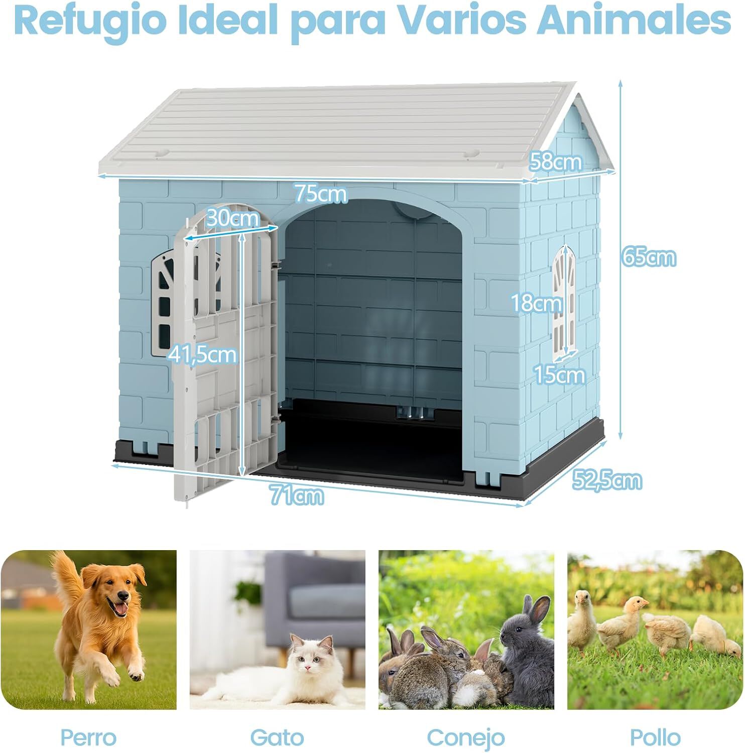 COSTWAY Caseta Perros de Pl&aacute;stico, Refugio para Mascotas con Puerta Bloqueable, 3 Ventanas, Techo Inclinado y Base con Orificios de Drenaje, Jaula Impermeable para Interior y Exterior (Azul), , large Imagen numero 5