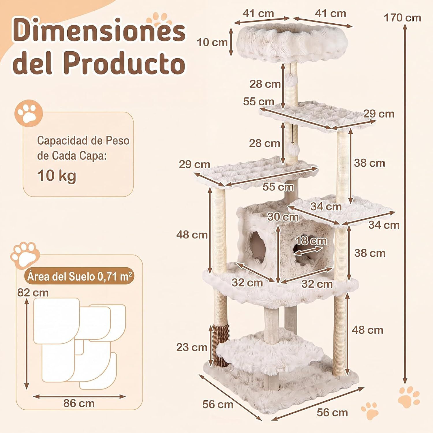 COSTWAY 170 cm &Aacute;rbol para Gatos de 7 Niveles con Casita, Torre de Juego para Gatos con 6 Plataformas, Cepillo, Postes de Sisal, Bolas Colgantes, Centro de Actividad para Mascotas, Beige, , large Imagen numero 3