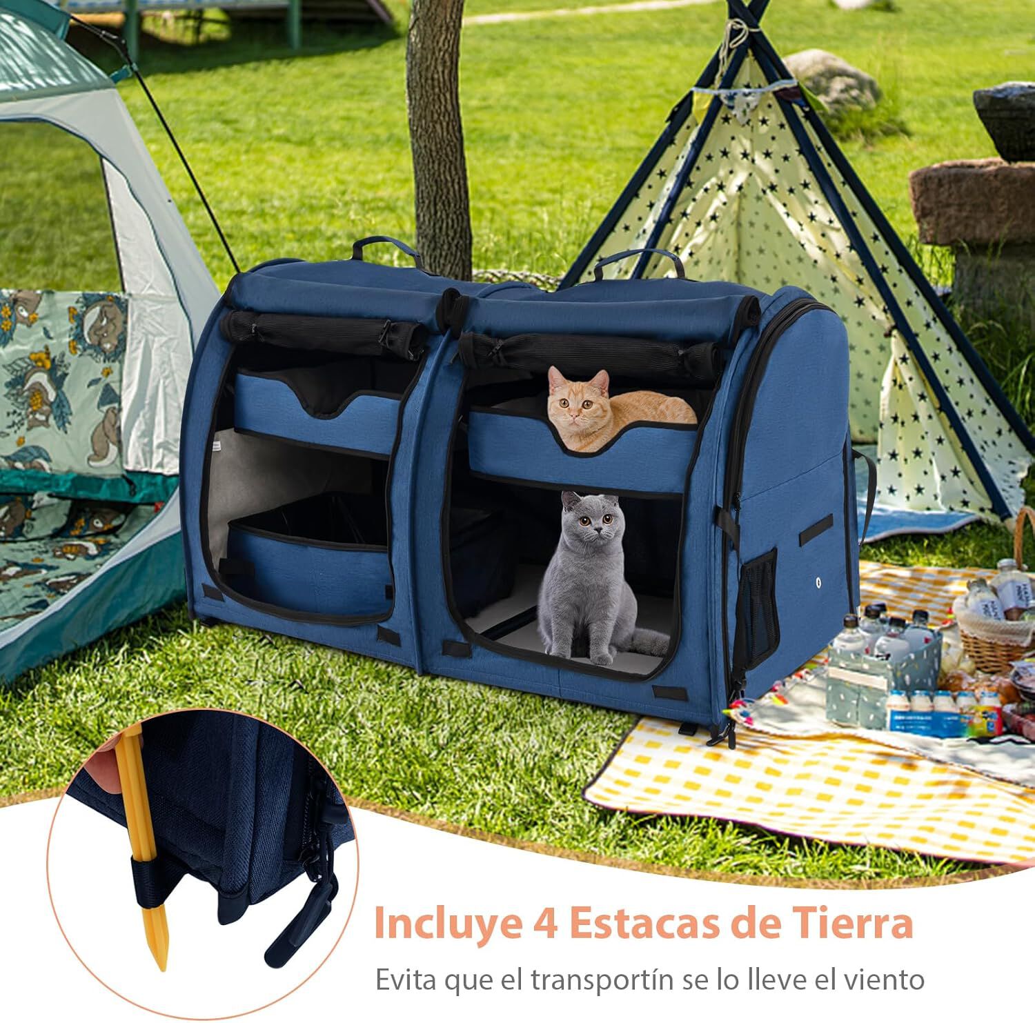 COSTWAY Transport&iacute;n de Doble Compartimento Perro Gato, Bolsa de Transporte Port&aacute;til 3 en 1 con 2 Hamacas Desmontables, Jaula Suave para Mascotas con Bolsa de Transporte 100 x 58 x 61cm (Azul), , large Imagen numero 3