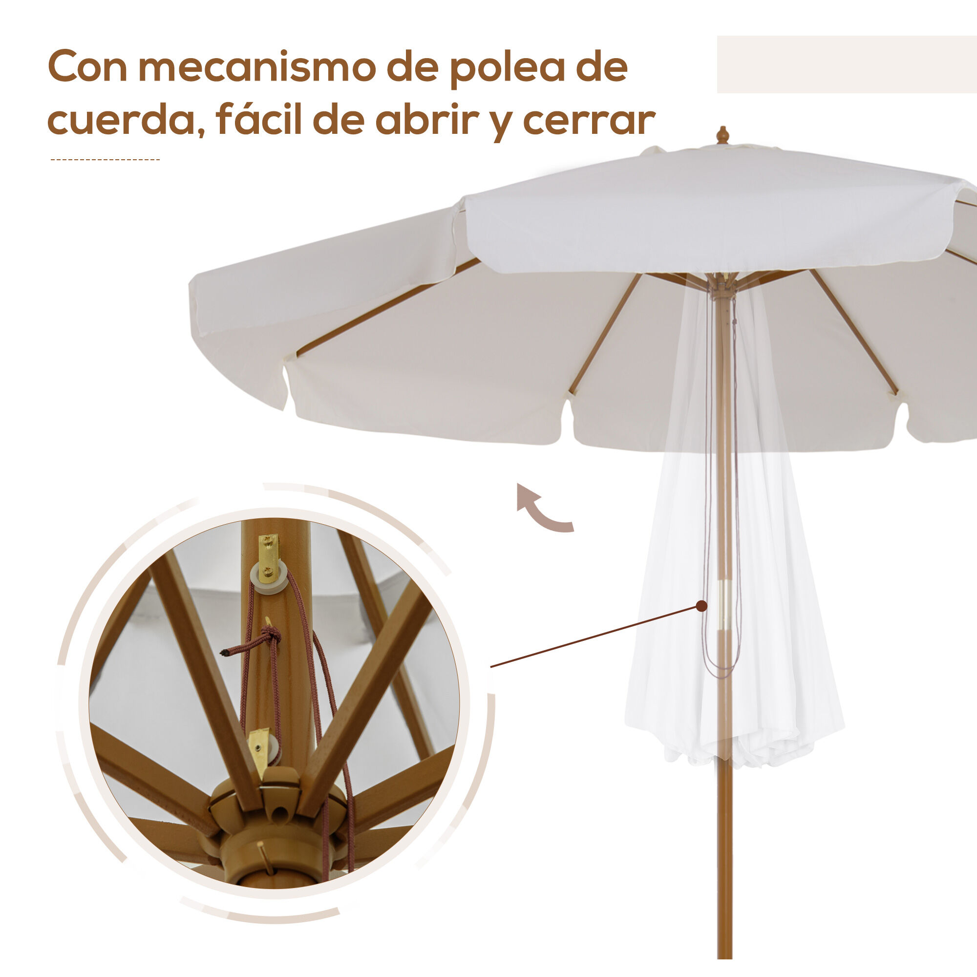 Outsunny Sombrilla de Jard&iacute;n &Oslash;325x250 cm Parasol de Madera con Sistema de Polea Techo de Ventilaci&oacute;n y 8 Varillas de Bamb&uacute; para Terraza Balc&oacute;n Exterior Beige, , large Imagen numero 5