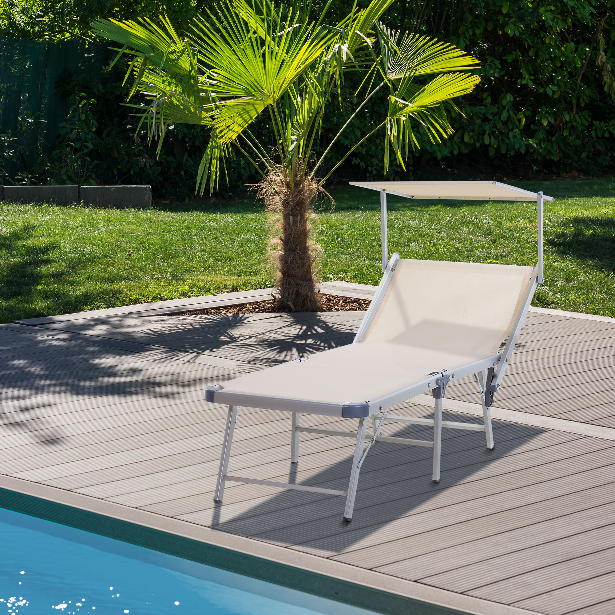 Outsunny Tumbona Plegable y Reclinable de Aluminio con Toldo Incorporado para Piscina Jard&iacute;n Terraza Exterior Carga 120 kg 169x72x50/70 cm Beige, , large Imagen numero 2