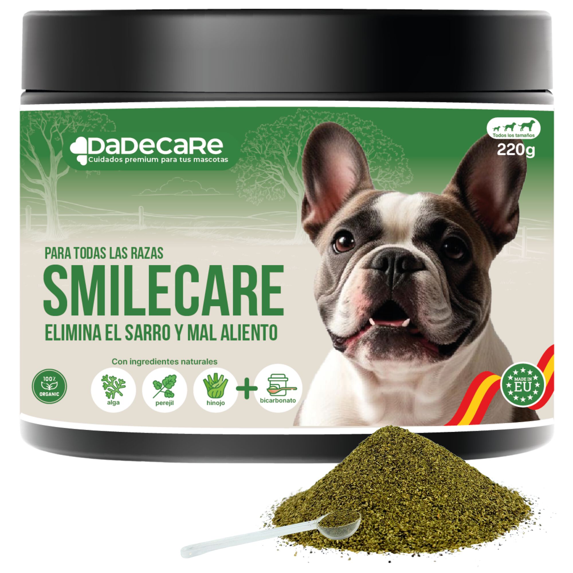 Smilecare – Polvo para el mal aliento 220 g con Alga Kelp – Opción Natural a la Pasta Dental para Perros y Gatos. Refresca el aliento, ayuda a disminuir el sarro y contribuye a la prevención de problemas bucales – Sin necesidad de cepillado diario.