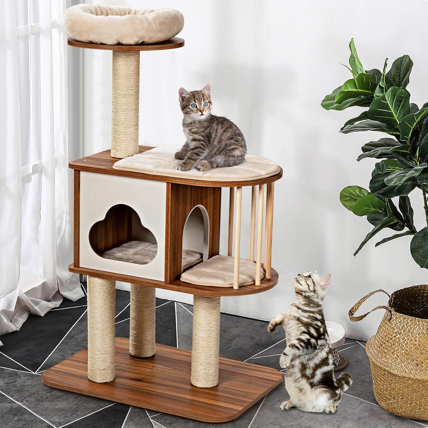 COSTWAY Mueble para Gatos &Aacute;rbol Actividad para Gatos con Poste Rascador y Colchonetas Casa de Madera de Gato 68x48x117cm, , large Imagen numero 2