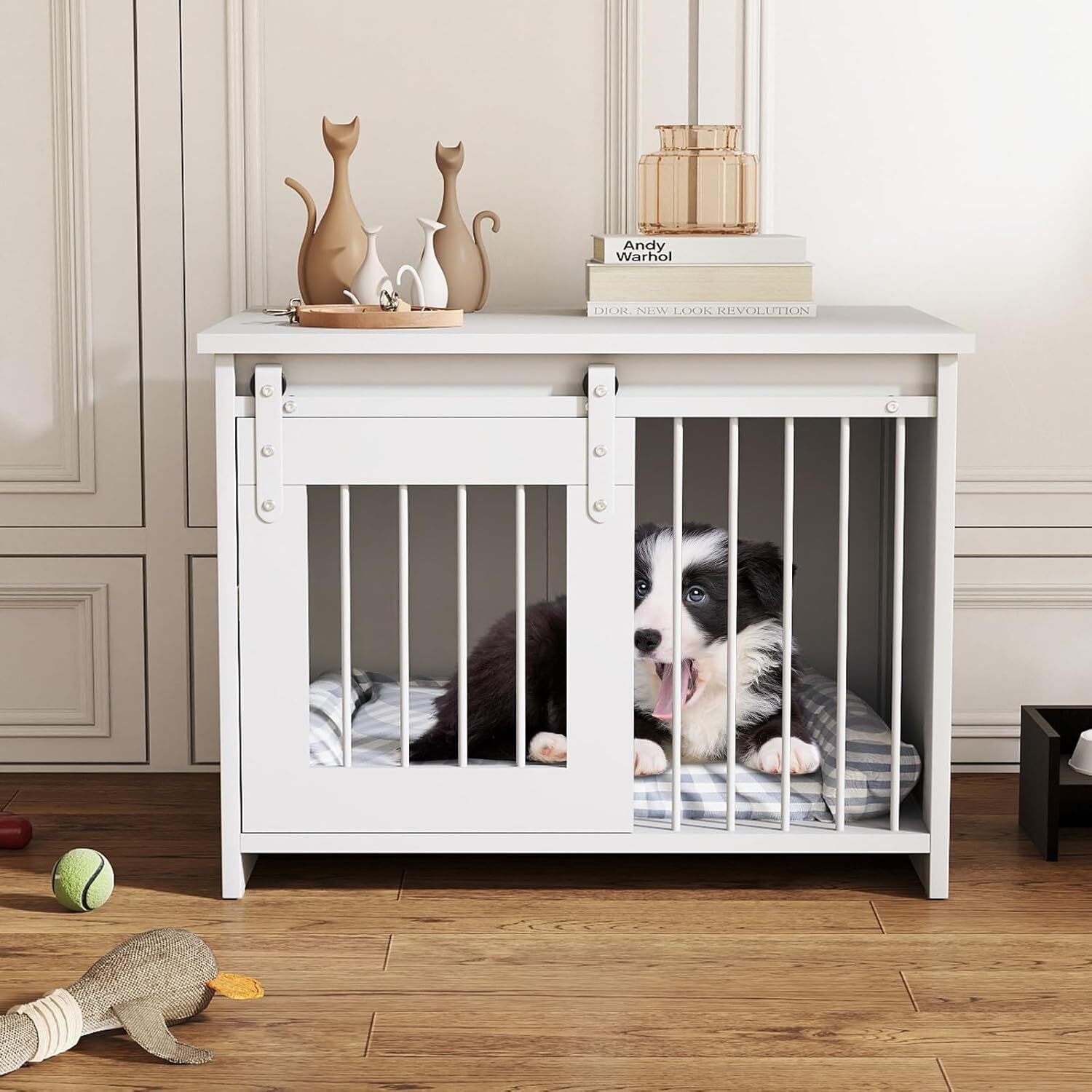 COSTWAY Jaula para Perros Medianos, 80x60x60 cm, Muebles de Jaula para Perros con Puerta Corrediza, Tubos Met&aacute;licos a Prueba de Masticar, Mesa Auxiliar Perrera para Mascotas Peque&ntilde;as Medianas (Blanco), , large Imagen numero 2