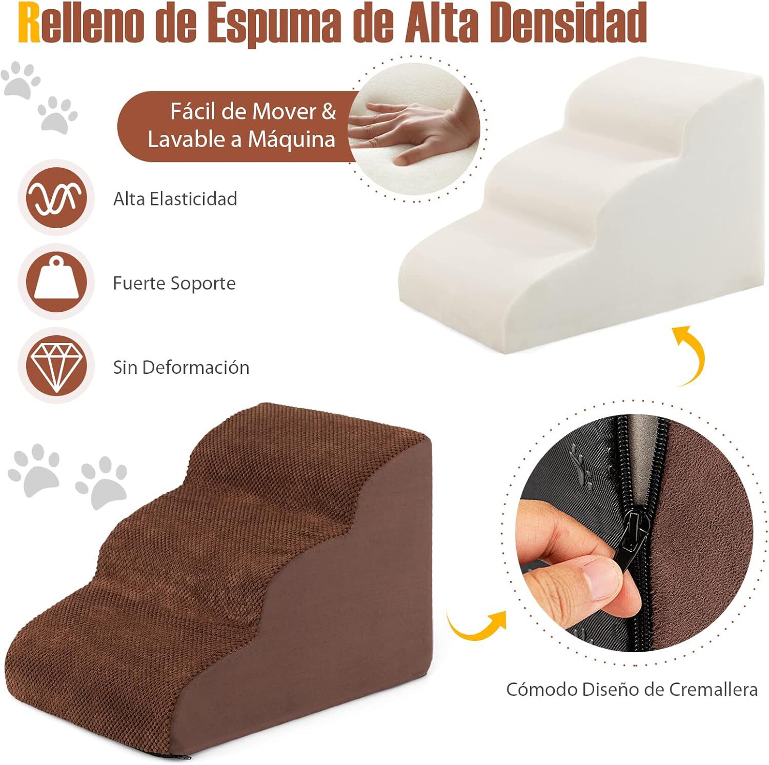 COSTWAY Rampa para Perros de 3 Niveles de Espuma, Pelda&ntilde;os para Perros Antideslizantes con Esponja de Alta Densidad, Huellas de Silicona, Escalera Suave para Perros Peque&ntilde;os y Mayores, Color Caf&eacute;, , large Imagen numero 4