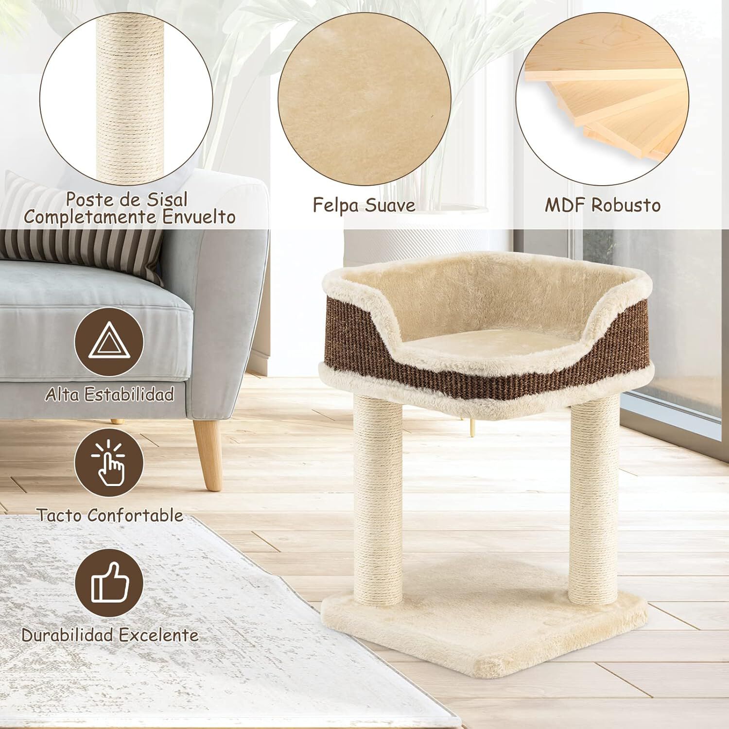 COSTWAY &Aacute;rbol Rascador Compacto para Gatos, Altura 50 cm, Torre de Sisal Natural Alfombrado con Plataforma Felpa y Poste de Rascado, Torre para Rascar, Relajarse y Dormir (Beige), , large Imagen numero 3