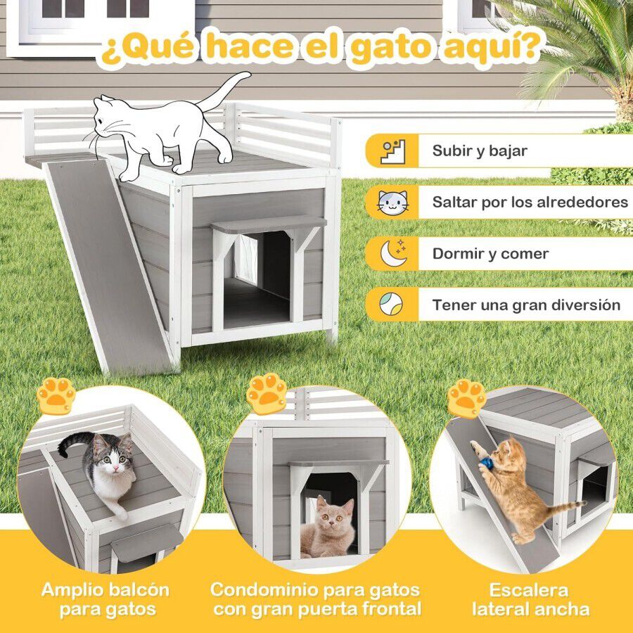 COSTWAY Caseta para Gatos de Madera, Casa para Gatos y Perros de 2 Pisos, Casa para Mascotas con Terraza, Rampa de Escalada y Puertas de Escape, 70 x 70 x 65 cm, , large Imagen numero 3
