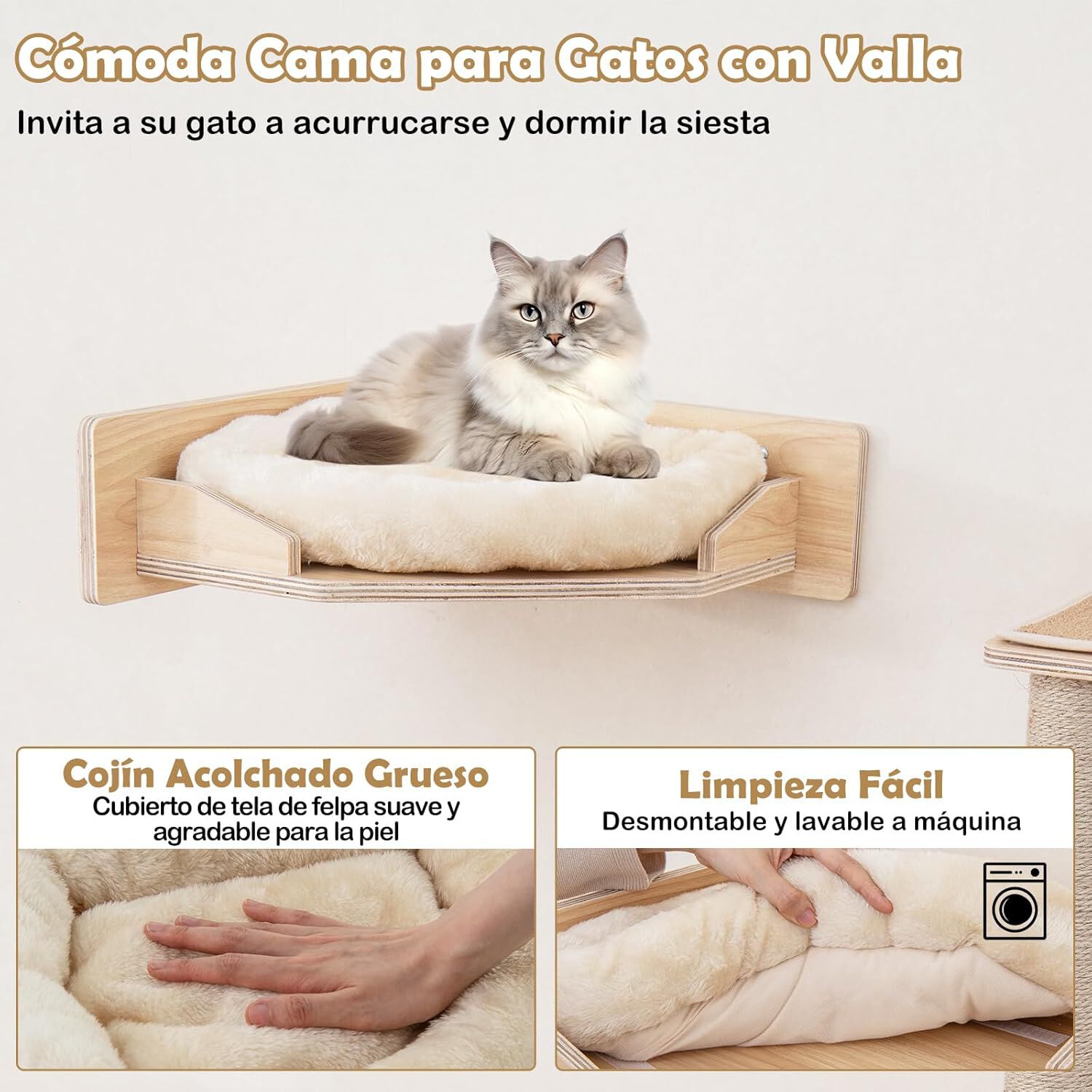 COSTWAY Juego de Muebles de Pared para Gatos de 5 Piezas, Estantes con 2 Hamacas, Cama y Postes Rascadores de Yute, Trepador de Madera con Pelota Colgante, Parque de Juegos, Natural thumbnail