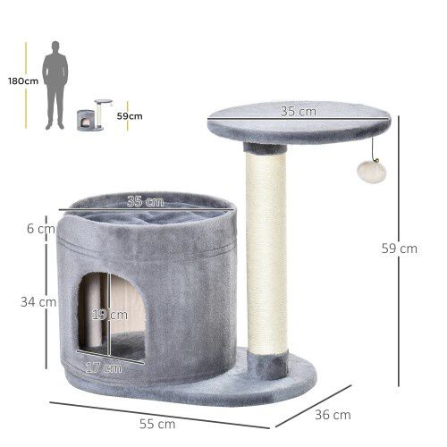 PawHut &Aacute;rbol Rascador con Cueva Gris para gatos peque&ntilde;os, , large Imagen numero 3