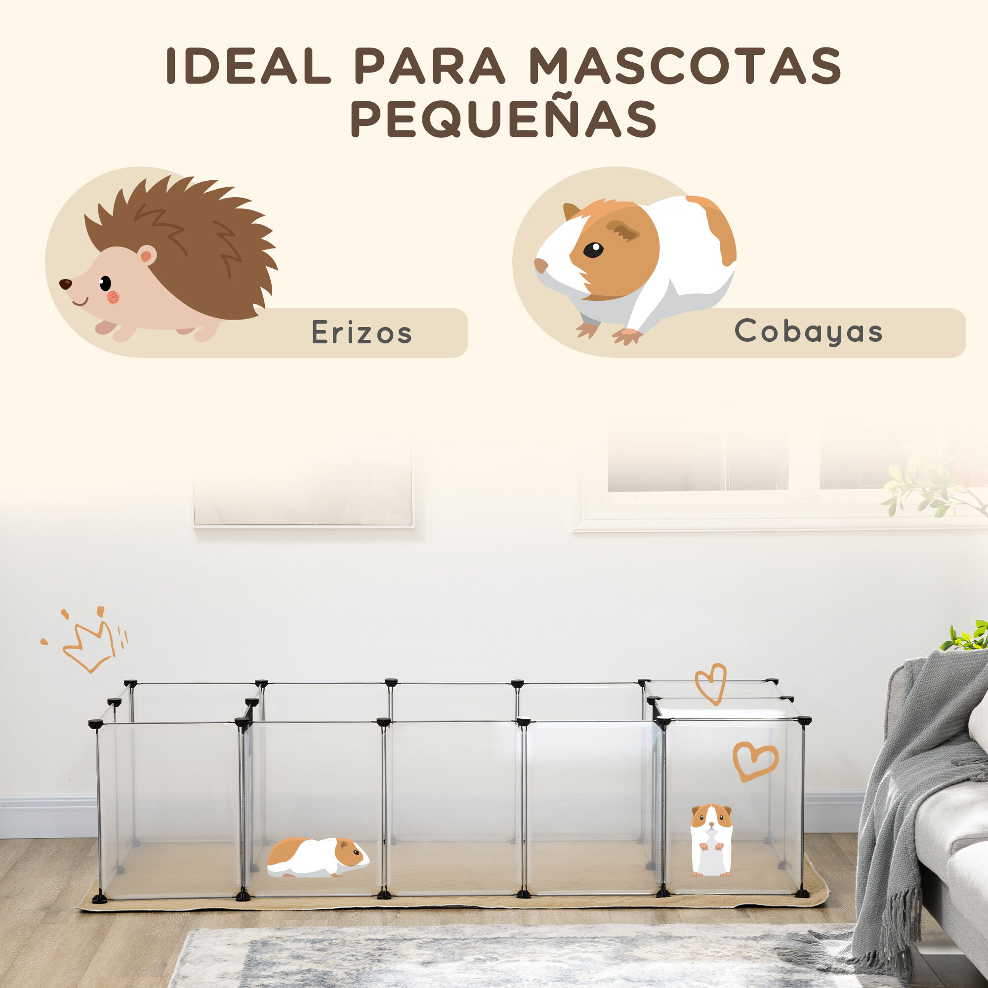 Pawhut Valla para Mascotas DIY con Alfombrilla Parque para Animales Peque&ntilde;os con 20 Paneles de Resina Jaula Modular para Cobayas Conejos Chinchillas 175x70x45 cm Blanco, , large Imagen numero 4