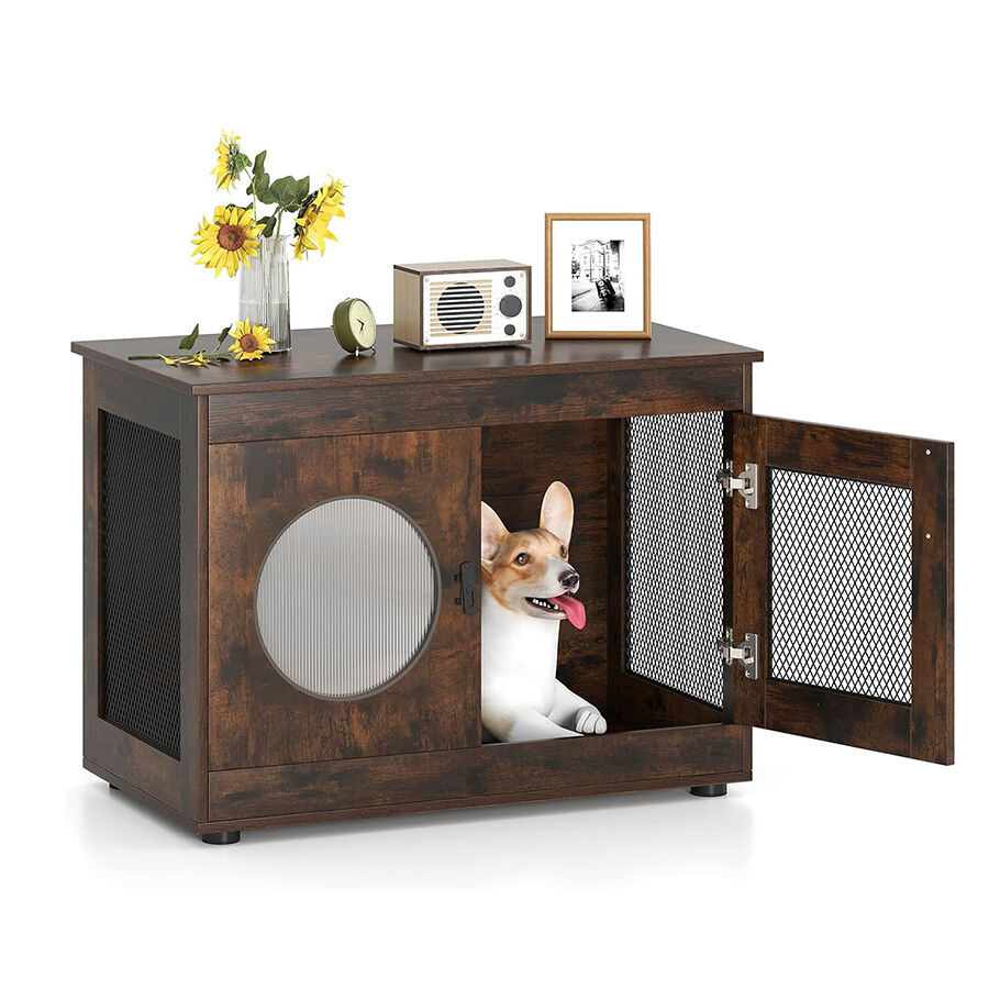 COSTWAY Mueble para Mascotas, 2 en 1 Jaula de Metal Resistente a Mordeduras con Ventana Translúcida, Caseta de Madera como Mesa Lateral, Ideal para Perros Pequeños y Medianos, Marrón Rústico