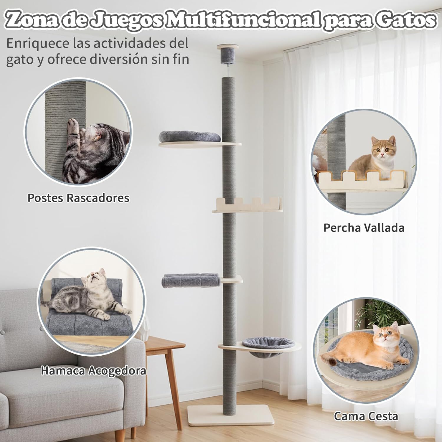 COSTWAY &Aacute;rbol para Gatos de Suelo a Techo de 236-271 cm, &Aacute;rbol Rascador para Gatos de Madera con Percha, Cama en Cesta, Postes Rascar, Hamaca y Cojines Removibles, Torre Gato Alta de 5 Niveles, Gris, , large Imagen numero 3