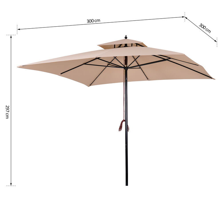 Outsunny Sombrilla de Jardín 3x3x3 m con Doble Techo Impermeable y Manivela Beige thumbnail