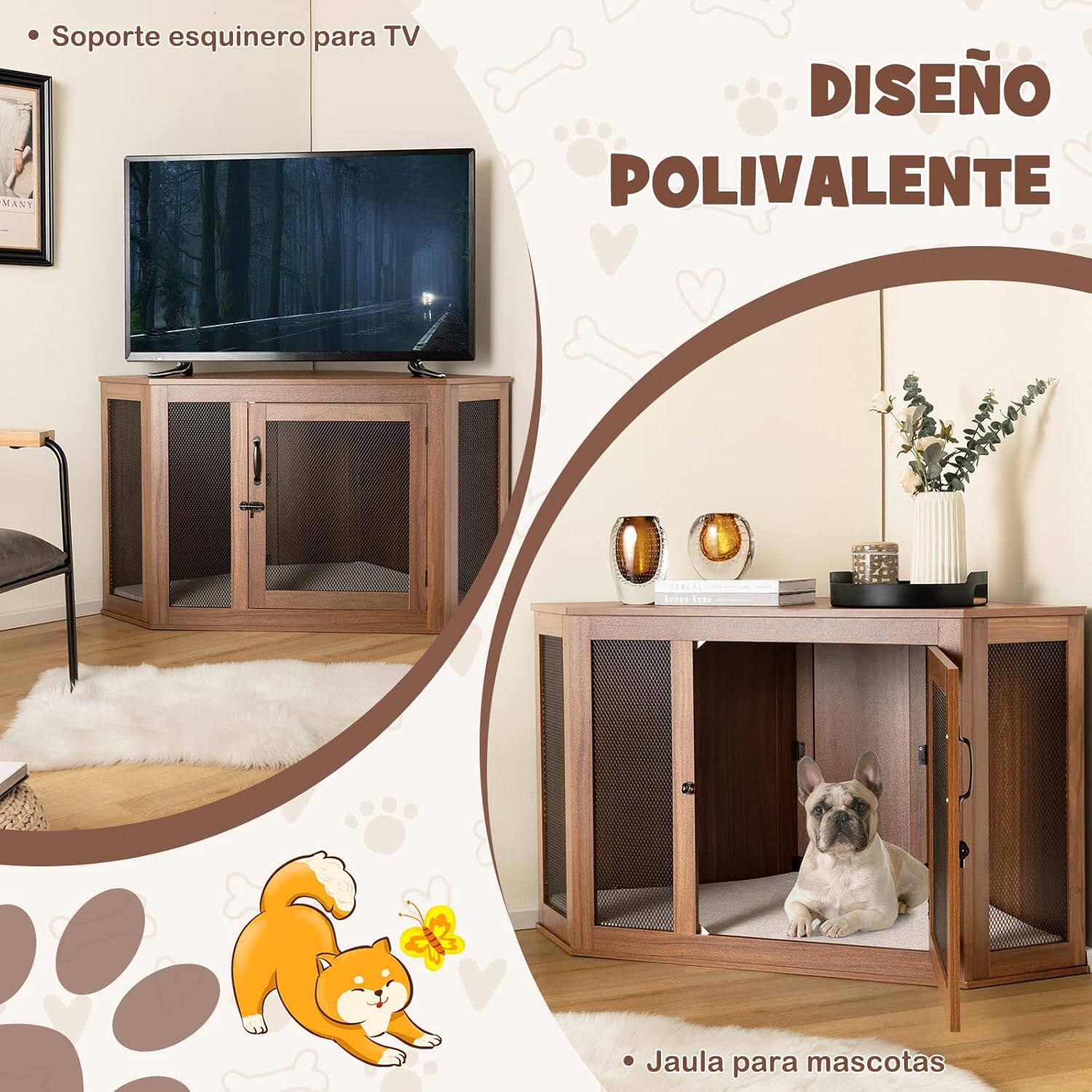 COSTWAY Mueble de Esquina para Mascotas, Casa para Perros con Puerta de Malla y Coj&iacute;n, Jaula para Perros con Estilo de Mueble para Uso Interior, Casa Decorativa para Mascotas para Habitaciones, , large Imagen numero 3